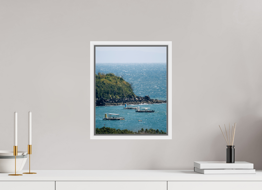 30 x 36,9 cm, Framed white fullbleed Boats off of Sakurajima Island