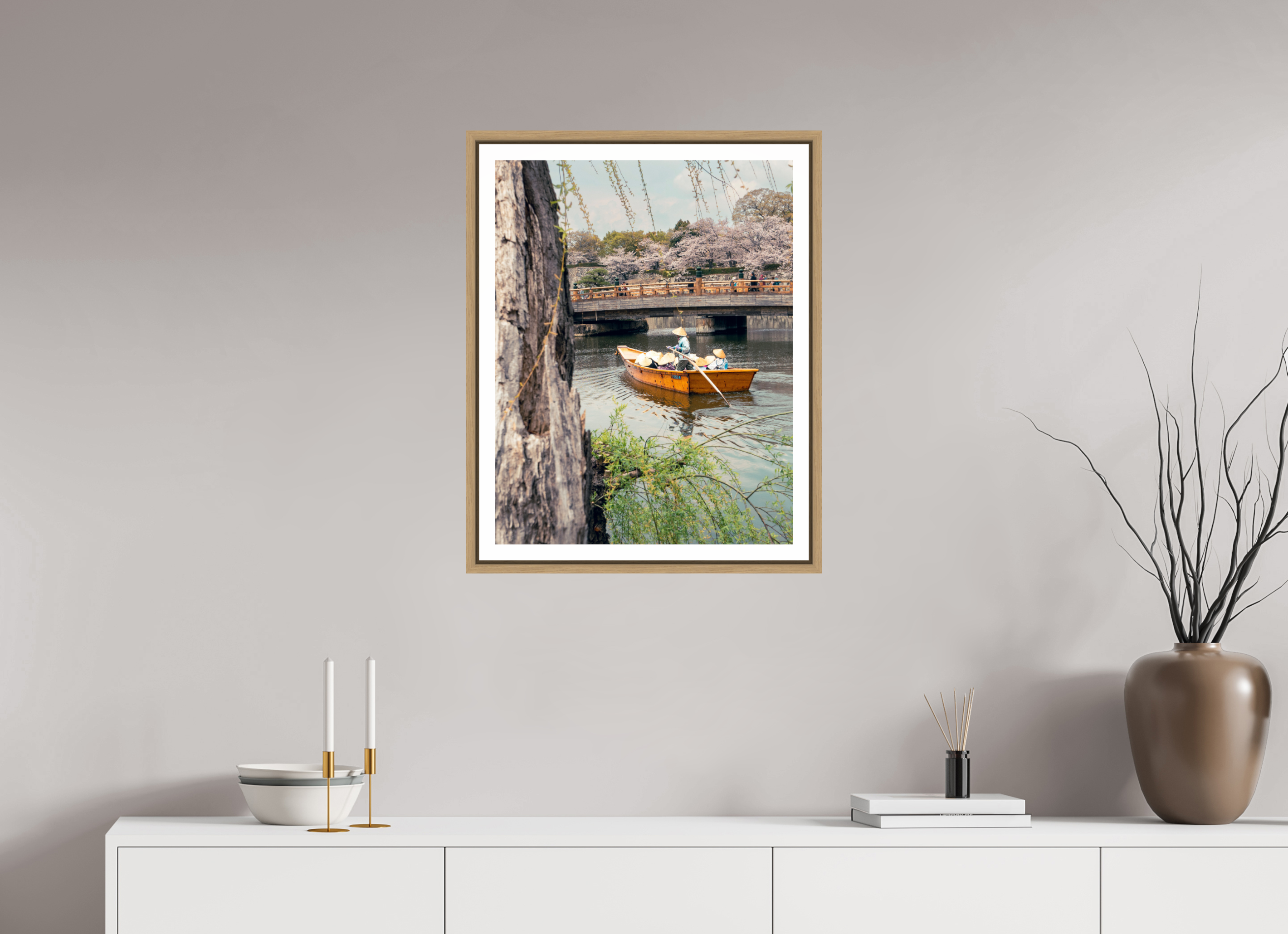 50 x 64,7 cm, Framed natural oak with border A boat in Himeji
