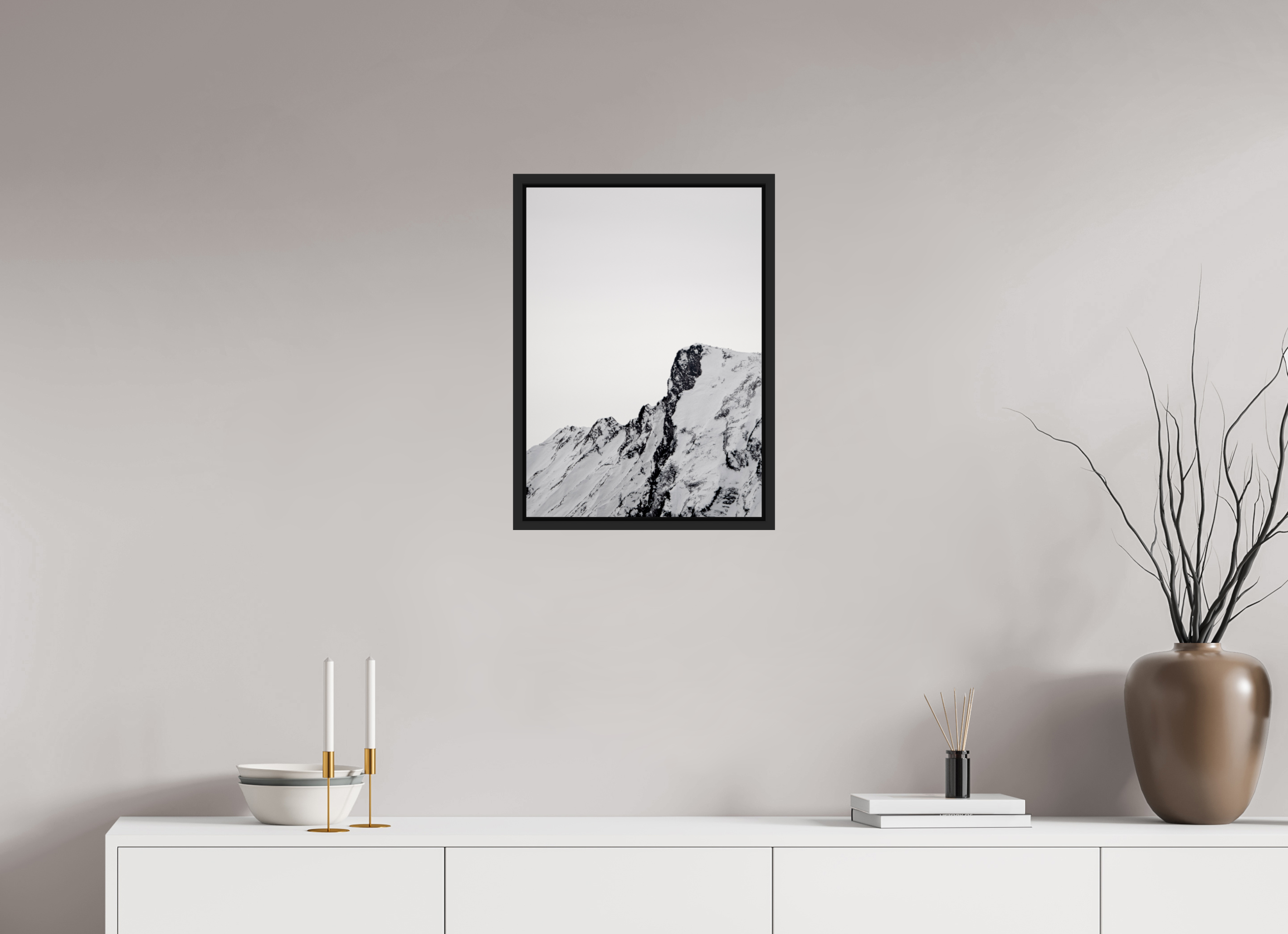 40 x 56 cm, Framed black matte fullbleed The snowy alps