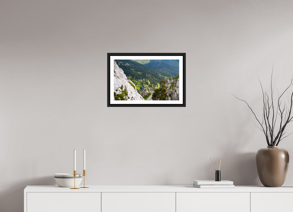 48,2 x 30 cm, Framed black matte with border A church at the Bavarian Alps