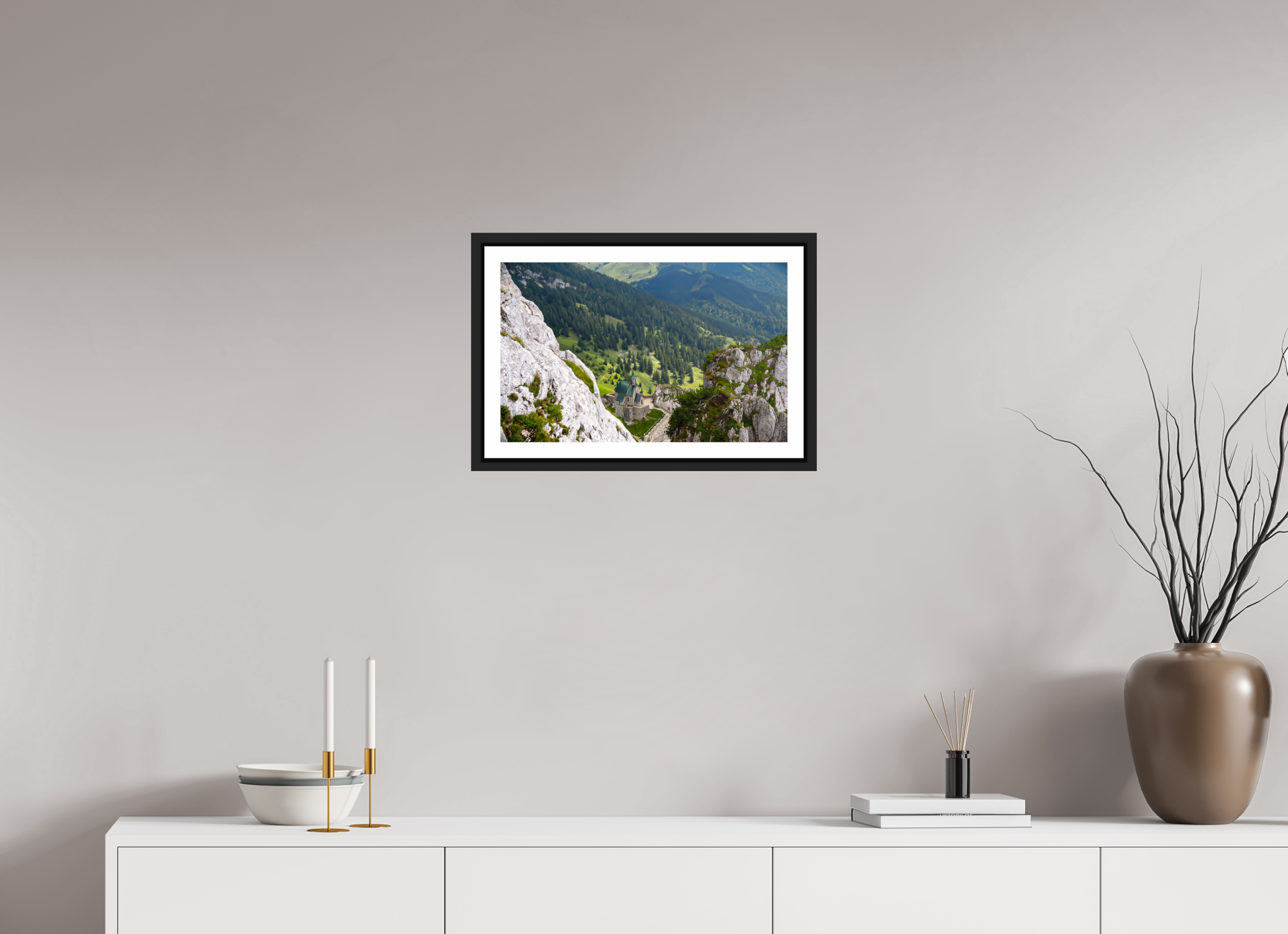 48,2 x 30 cm, Framed black matte with border A church at the Bavarian Alps