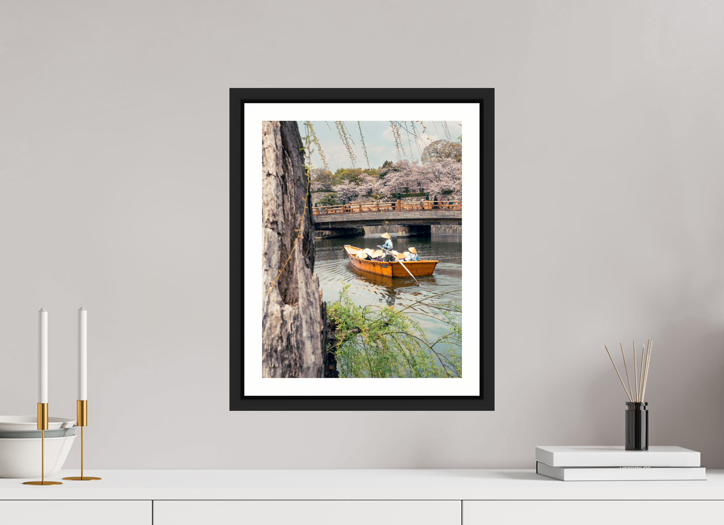 30 x 38,8 cm, Framed black matte with border A boat in Himeji