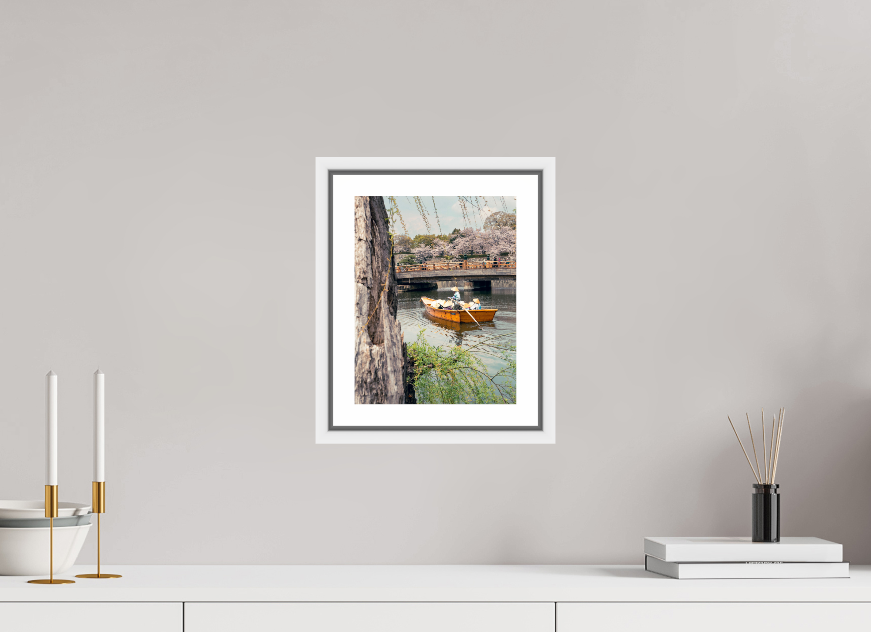 20 x 25,9 cm, Framed white with border A boat in Himeji