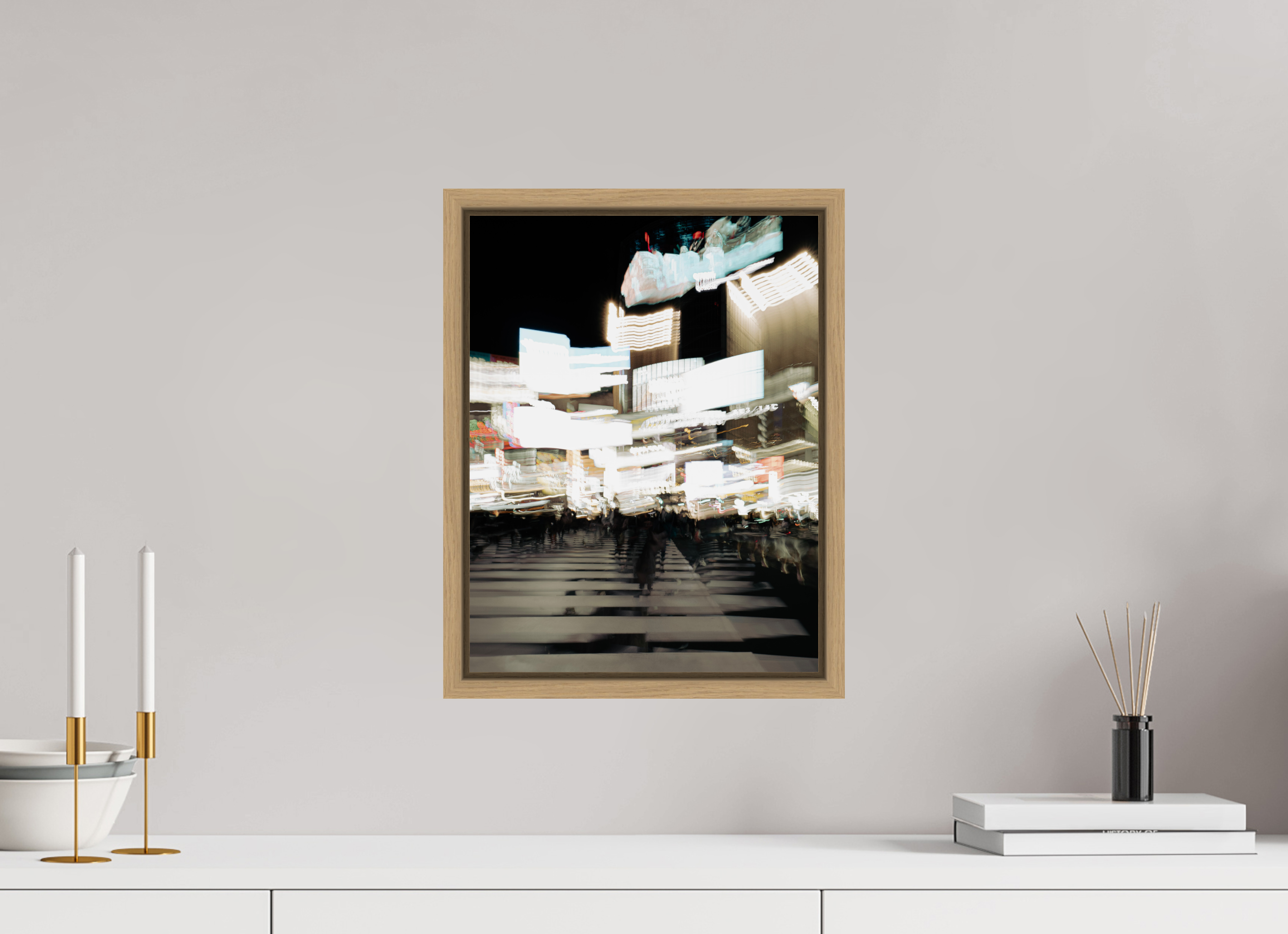 30 x 39,3 cm, Framed natural oak fullbleed - Fuji Crystal Archive glossy Acrylic glass glossy Blurred Shibuya