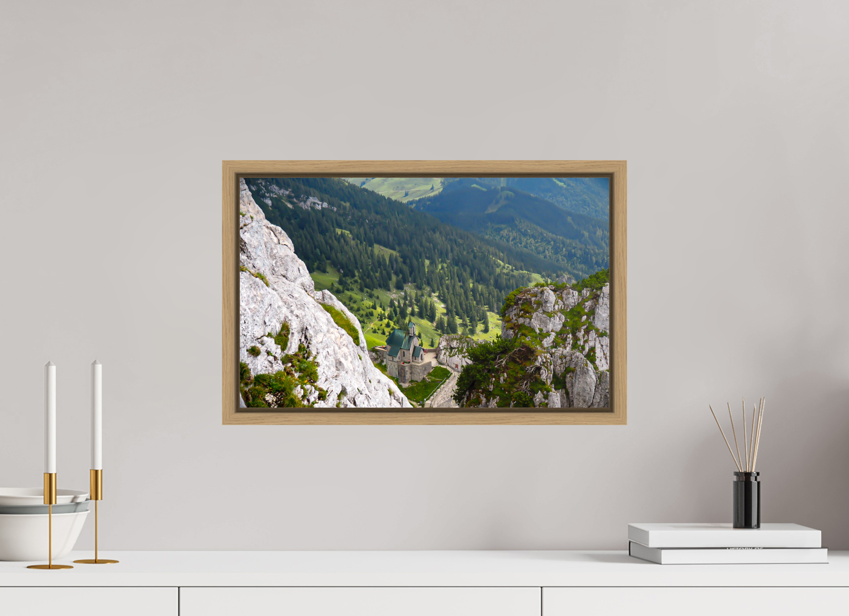 48,2 x 30 cm, Framed natural oak fullbleed A church at the Bavarian Alps