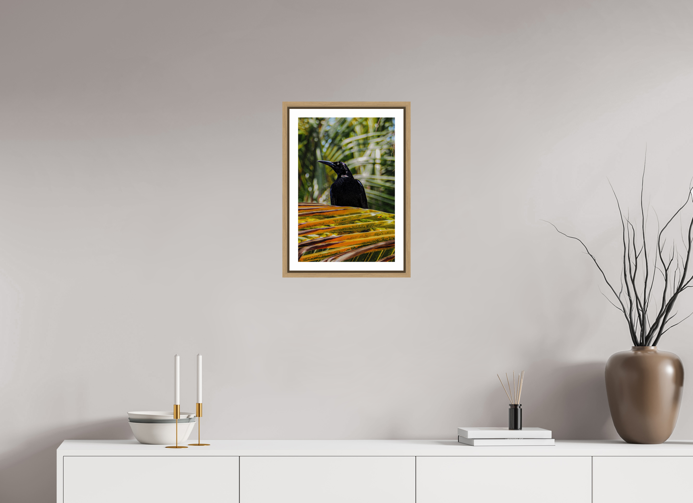 30 x 45 cm, Framed natural oak with border A bird among the trees