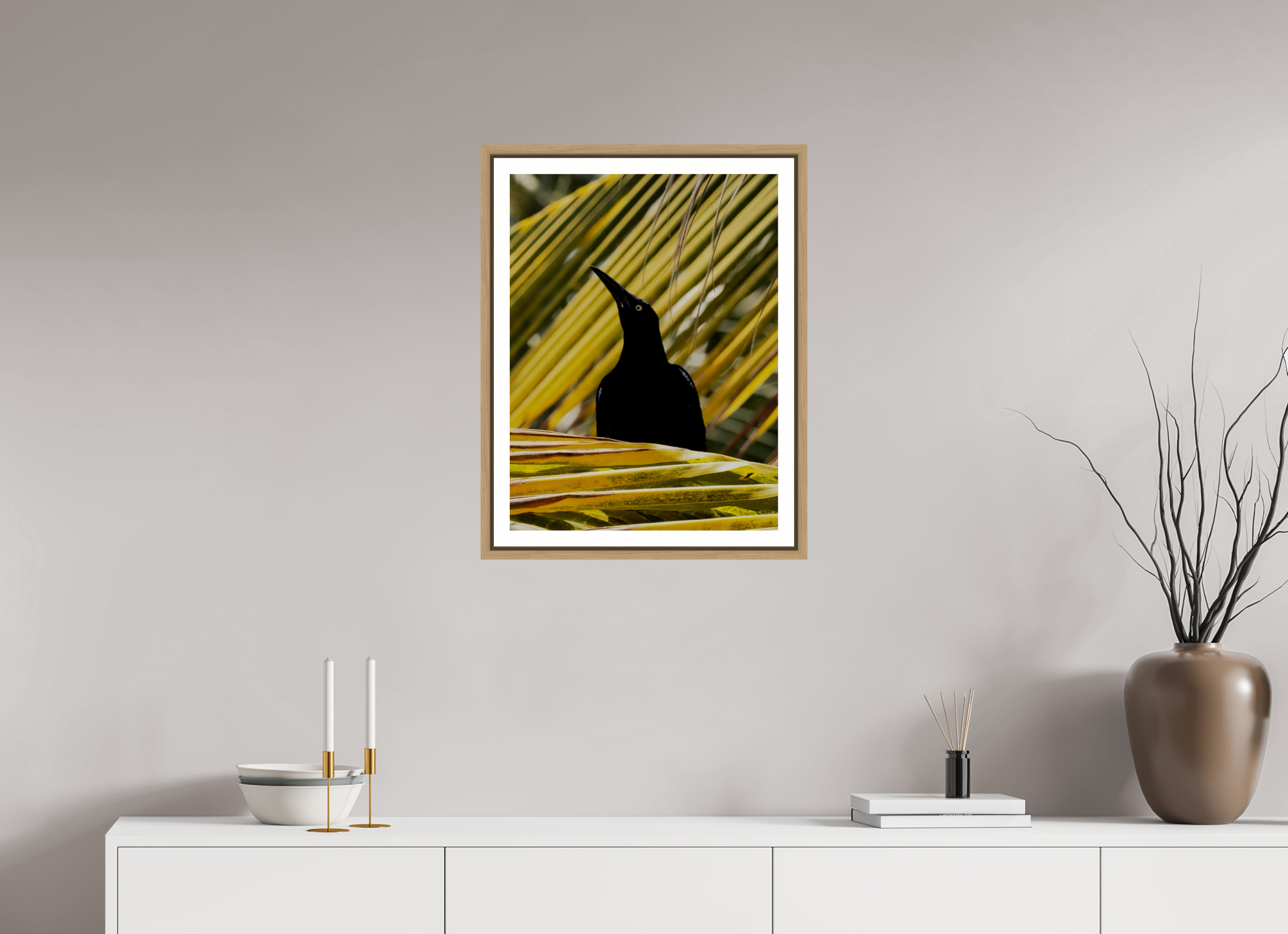 45 x 60 cm, Framed natural oak with border A prominent bird