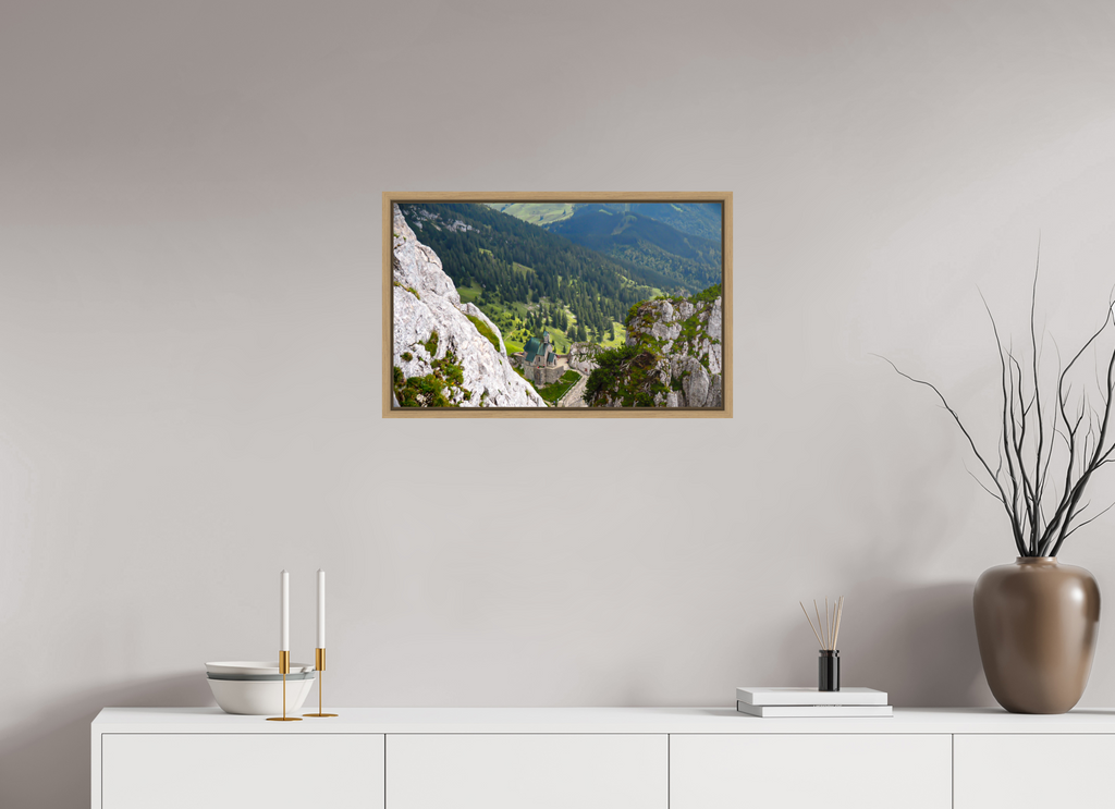 64,3 x 40 cm, Framed natural oak fullbleed A church at the Bavarian Alps