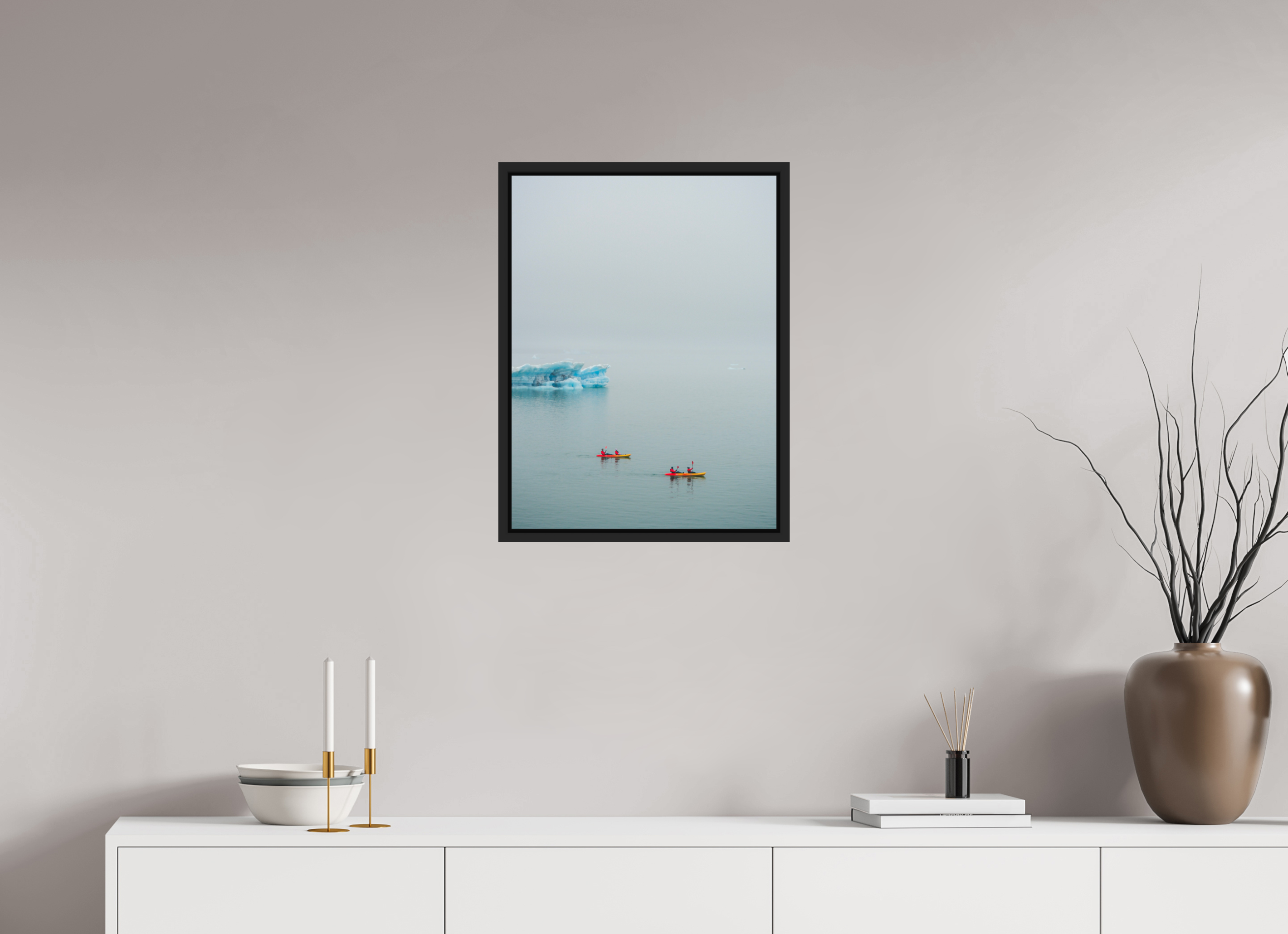 45 x 60 cm, Framed black matte fullbleed Two canoes
