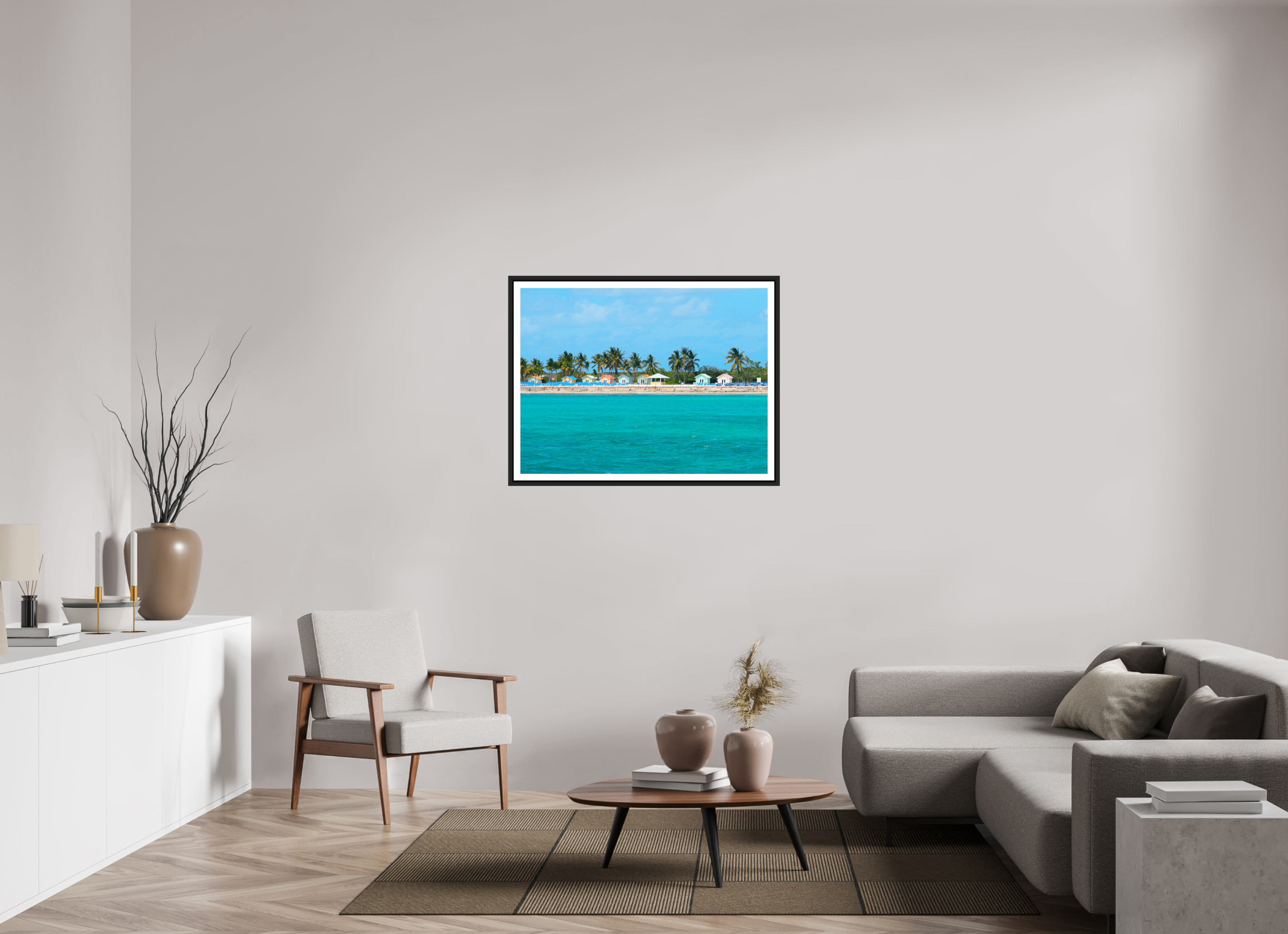 100 x 75 cm, Framed black matte with border Houses at The Bahamas