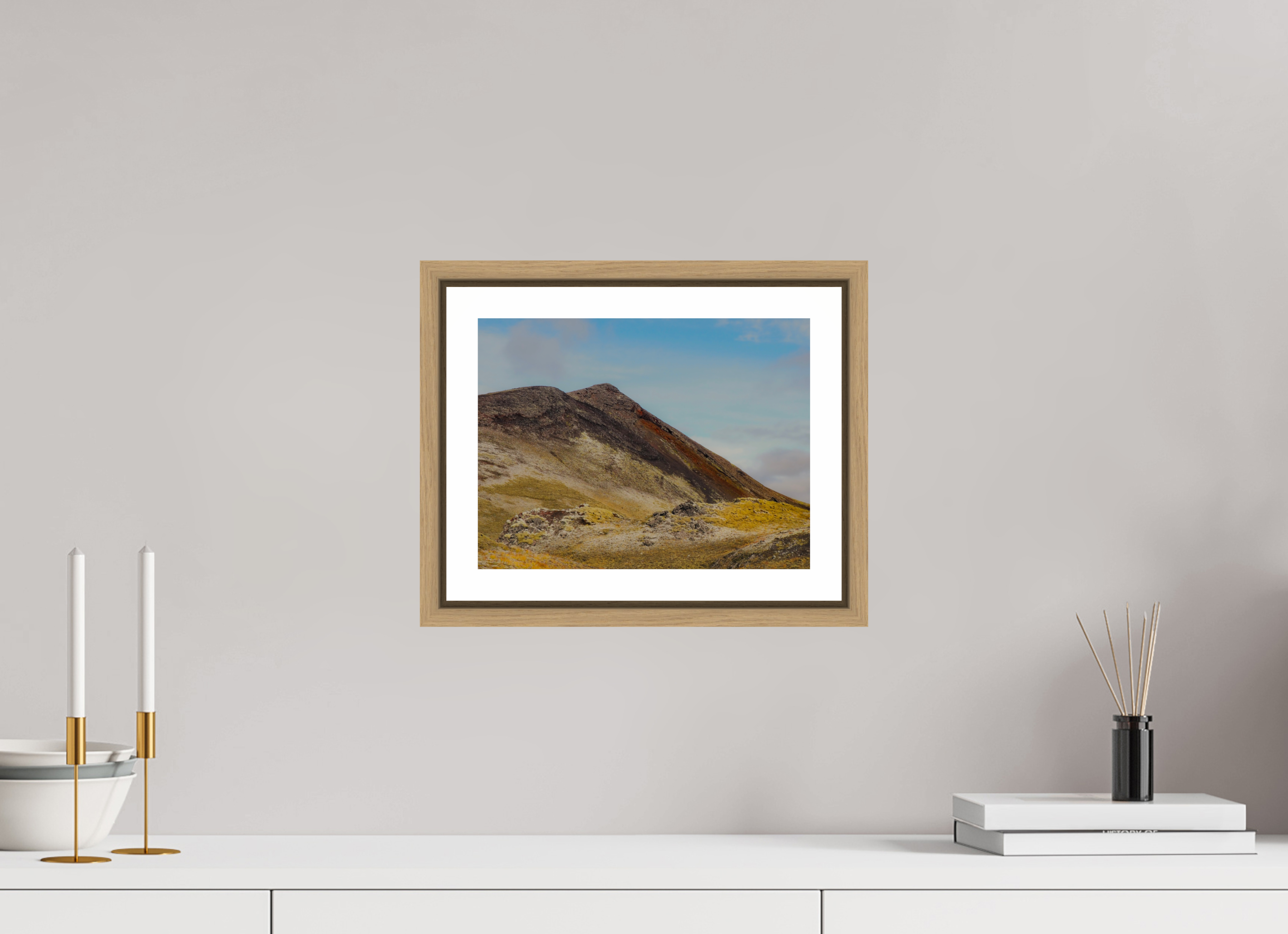 28 x 21 cm, Framed natural oak with border Mountainous Iceland