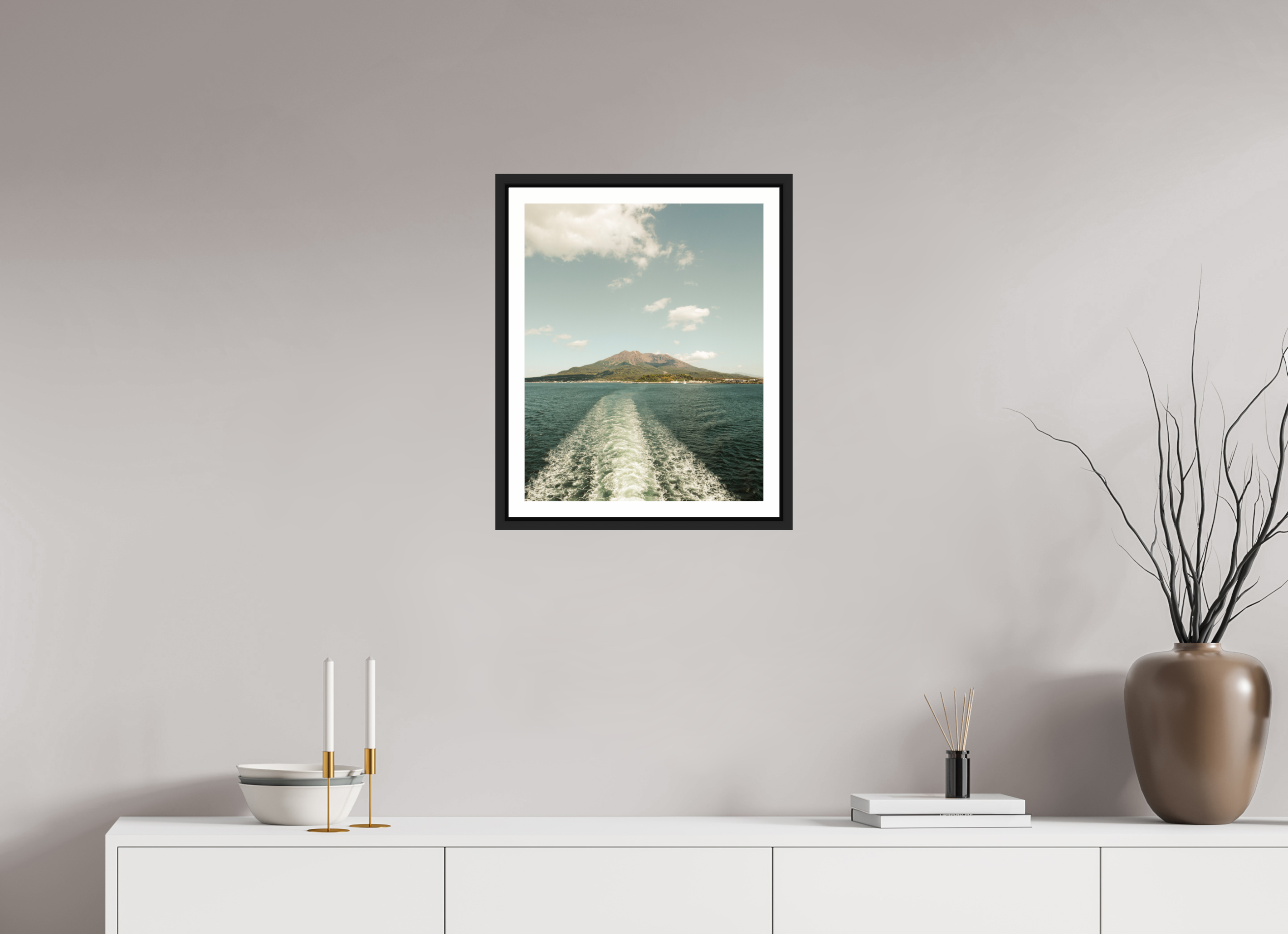 40 x 50 cm, Framed black matte with border A ferry view of Sakurajima Island