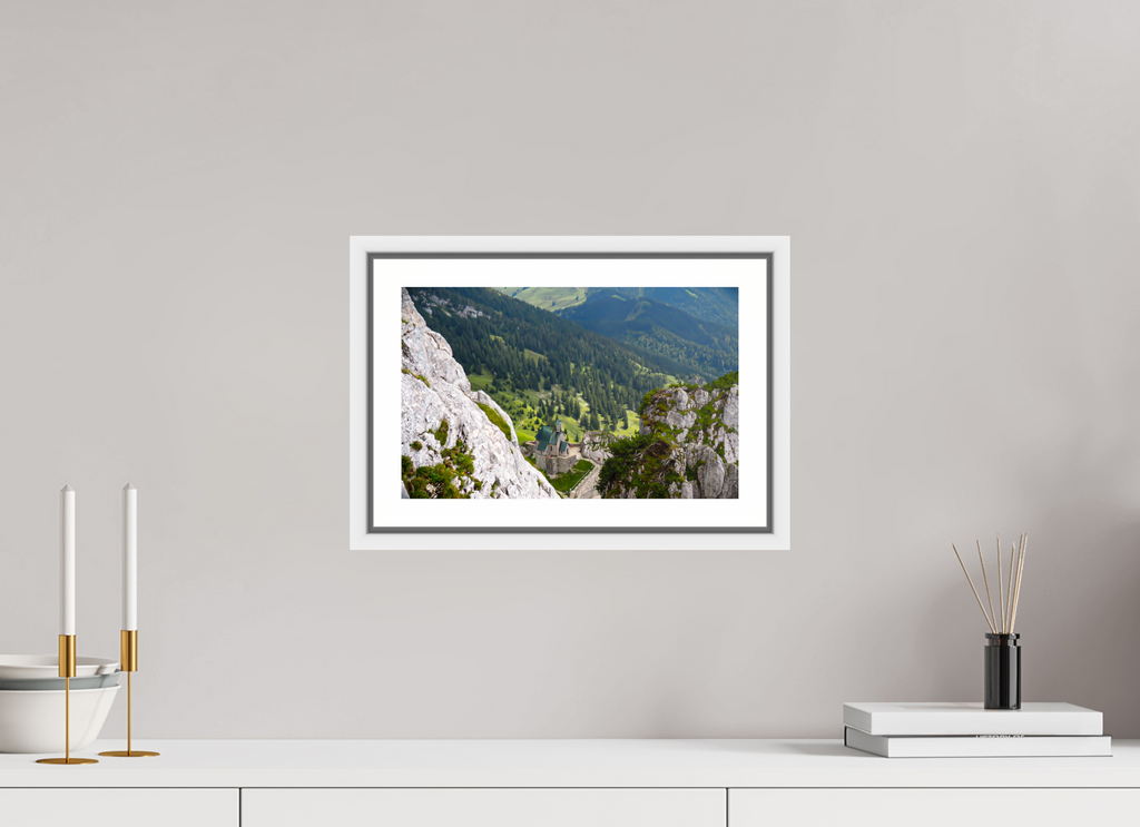 32,2 x 20 cm, Framed white with border A church at the Bavarian Alps