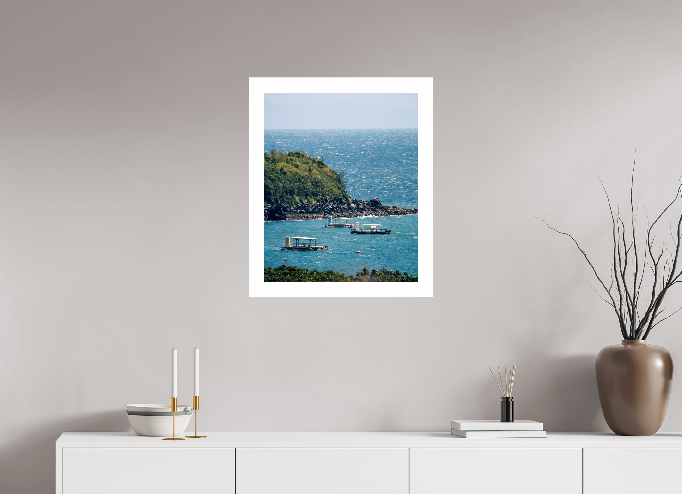 50 x 61,5 cm, Fuji Crystal DP II 5cm white border Boats off of Sakurajima Island