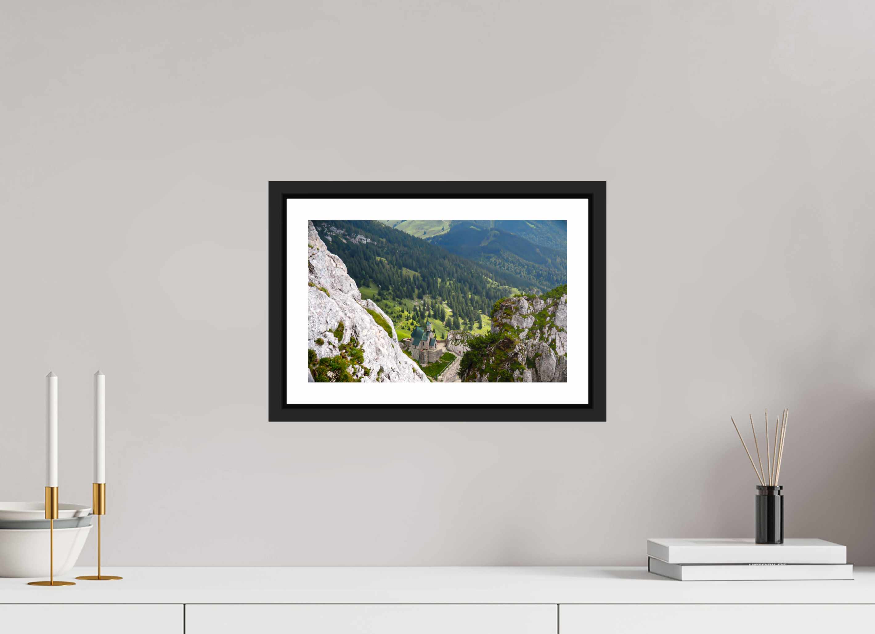 32,2 x 20 cm, Framed black matte with border A church at the Bavarian Alps