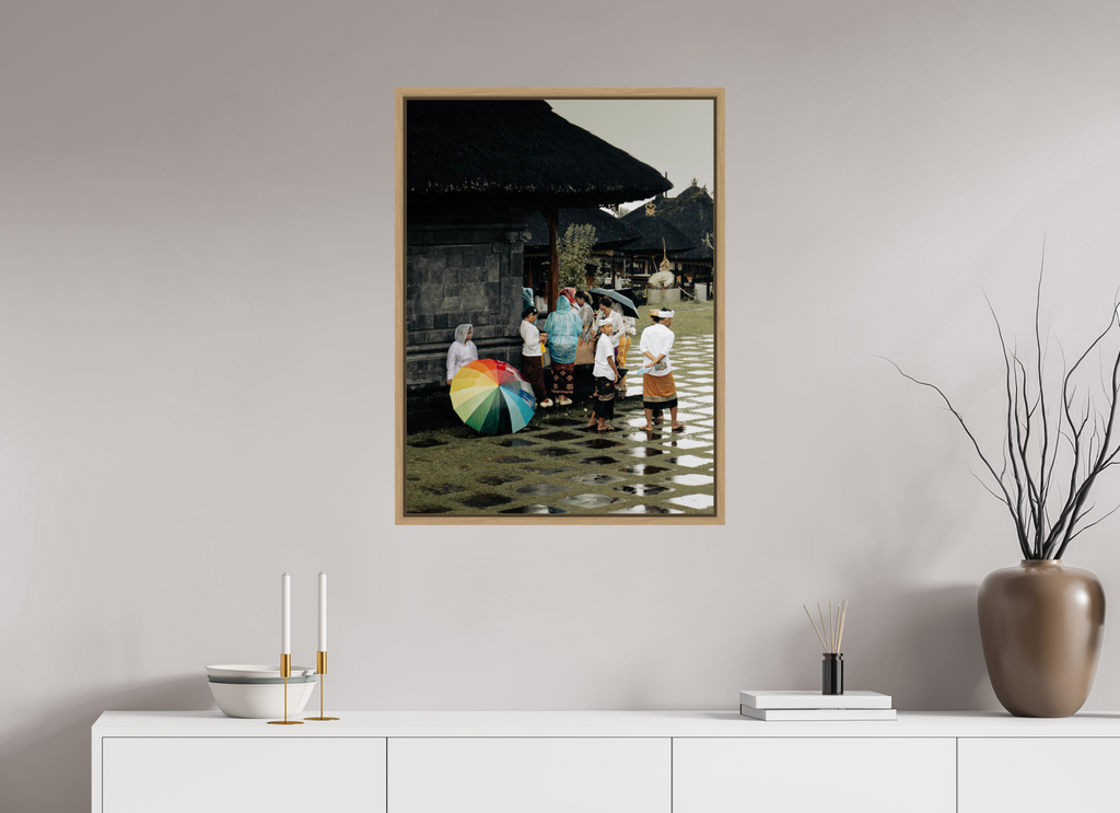 60 x 80,8 cm, Framed natural oak fullbleed Waiting out the rain at ceremony