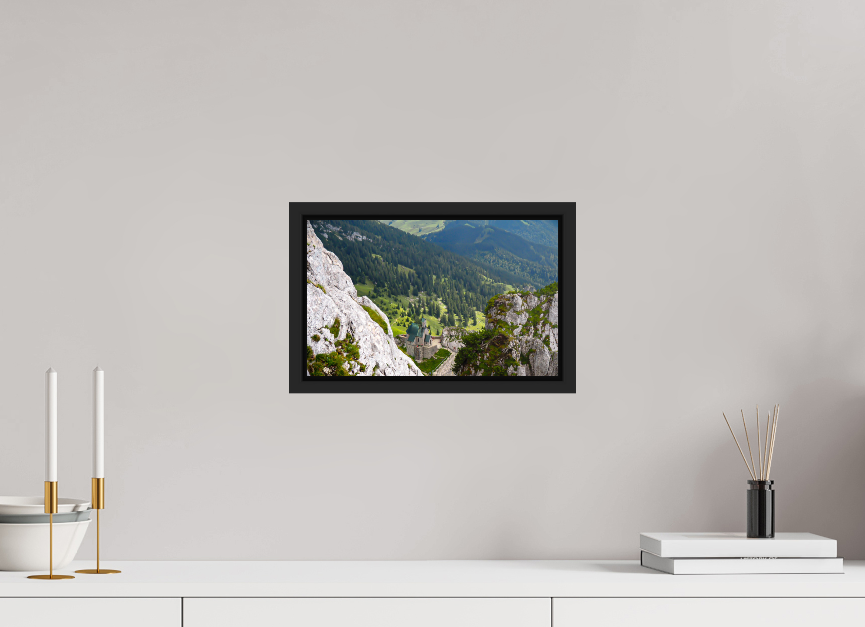 32,2 x 20 cm, Framed black matte fullbleed A church at the Bavarian Alps