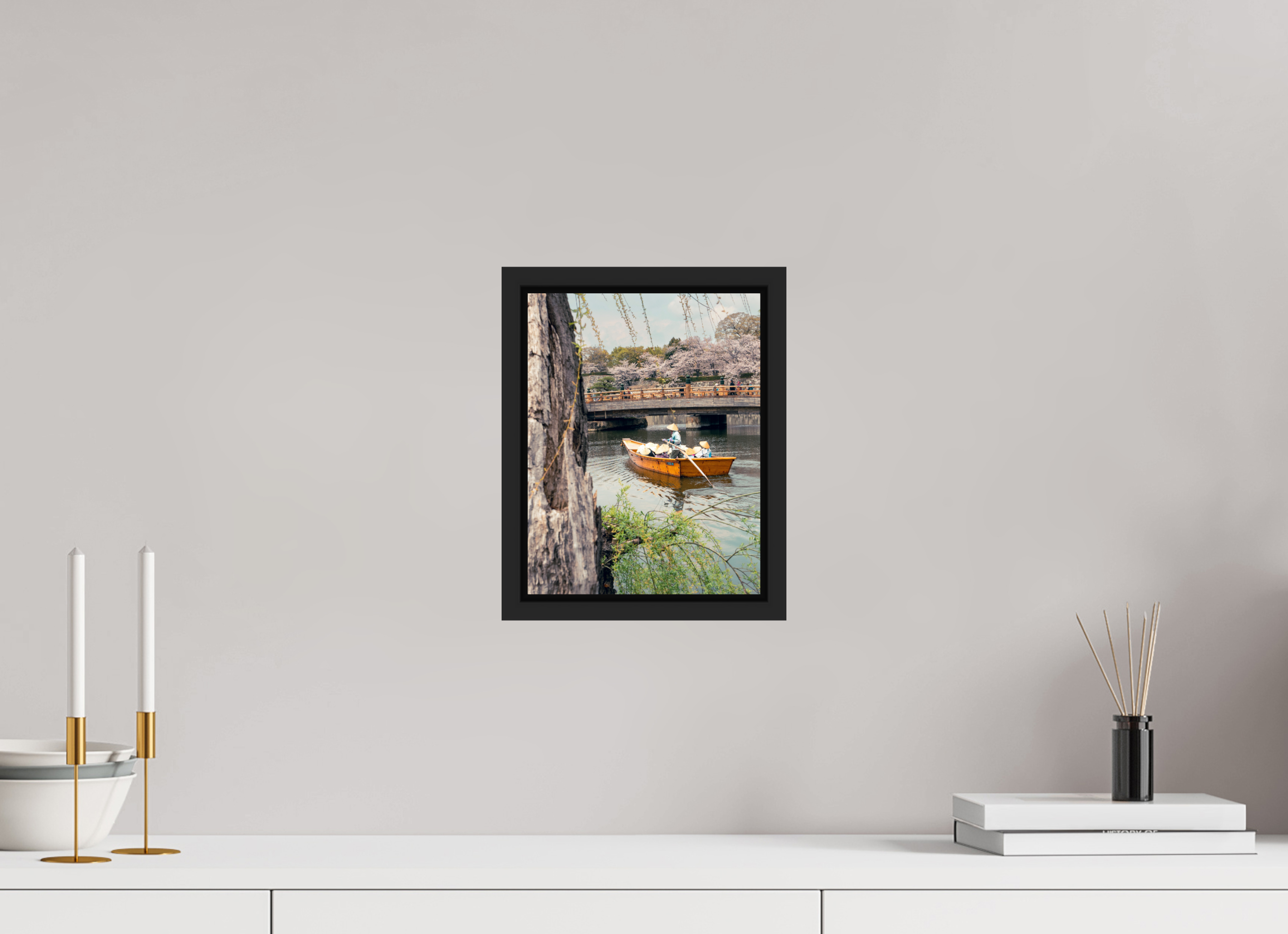 20 x 25,9 cm, Framed black matte fullbleed A boat in Himeji
