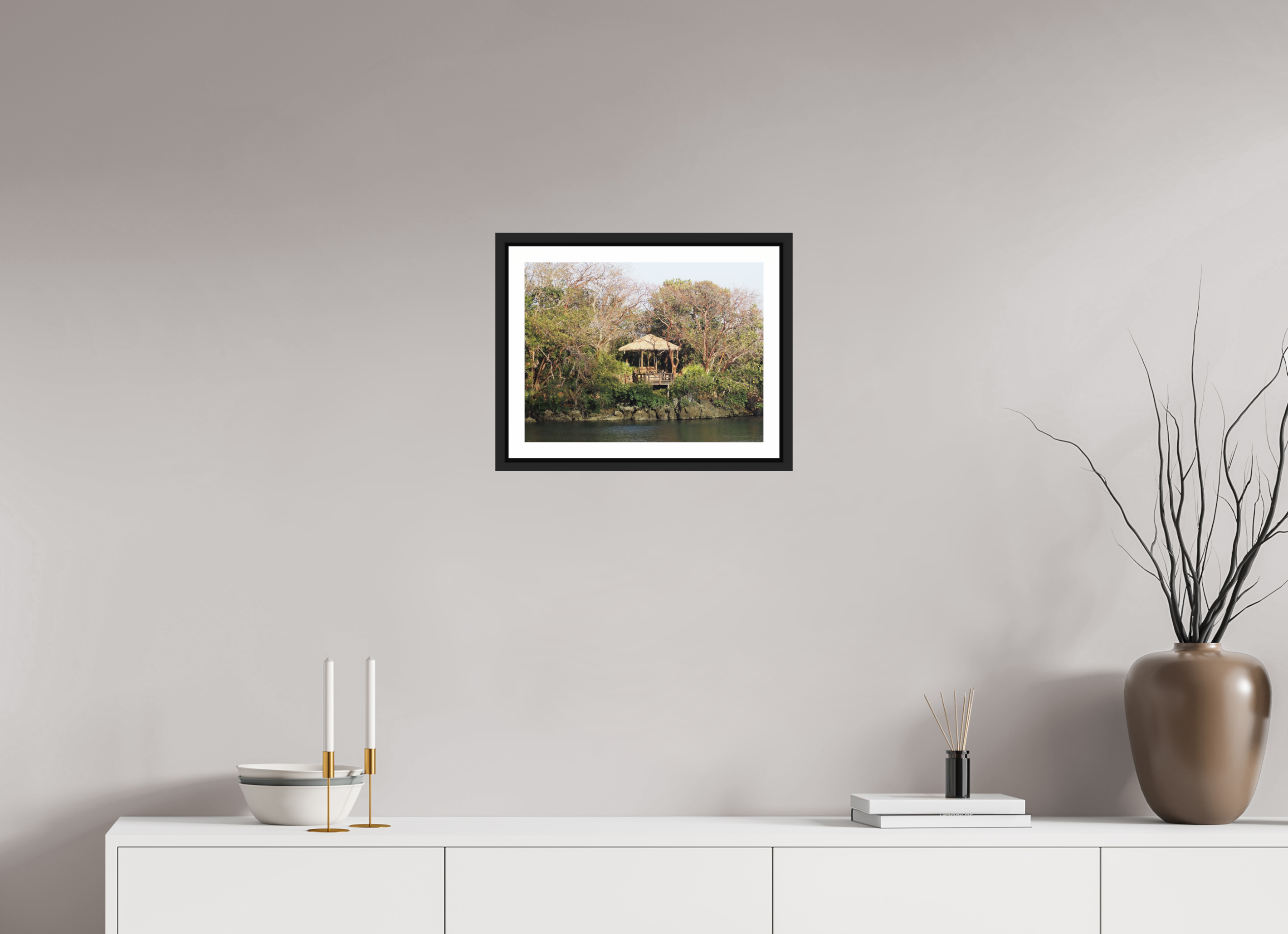 40 x 30 cm, Framed black matte with border A hut at Honduras Bay