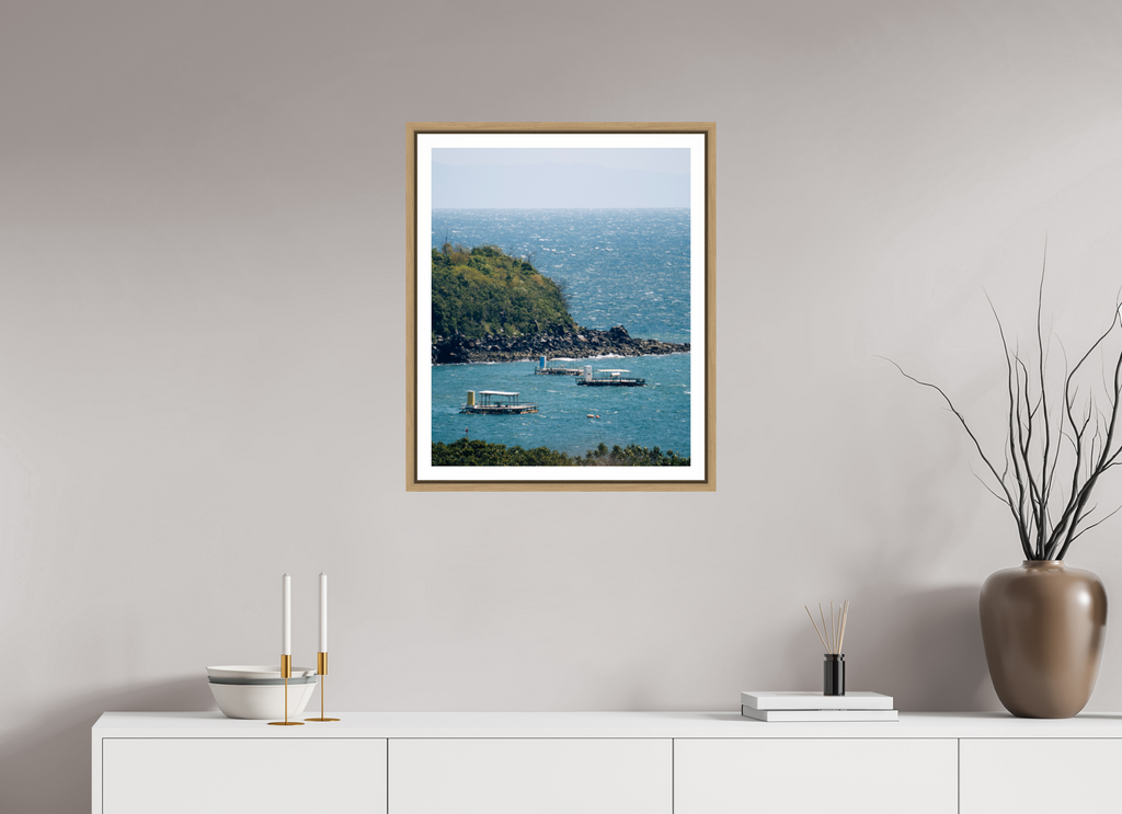 50 x 61,5 cm, Framed natural oak with border Boats off of Sakurajima Island