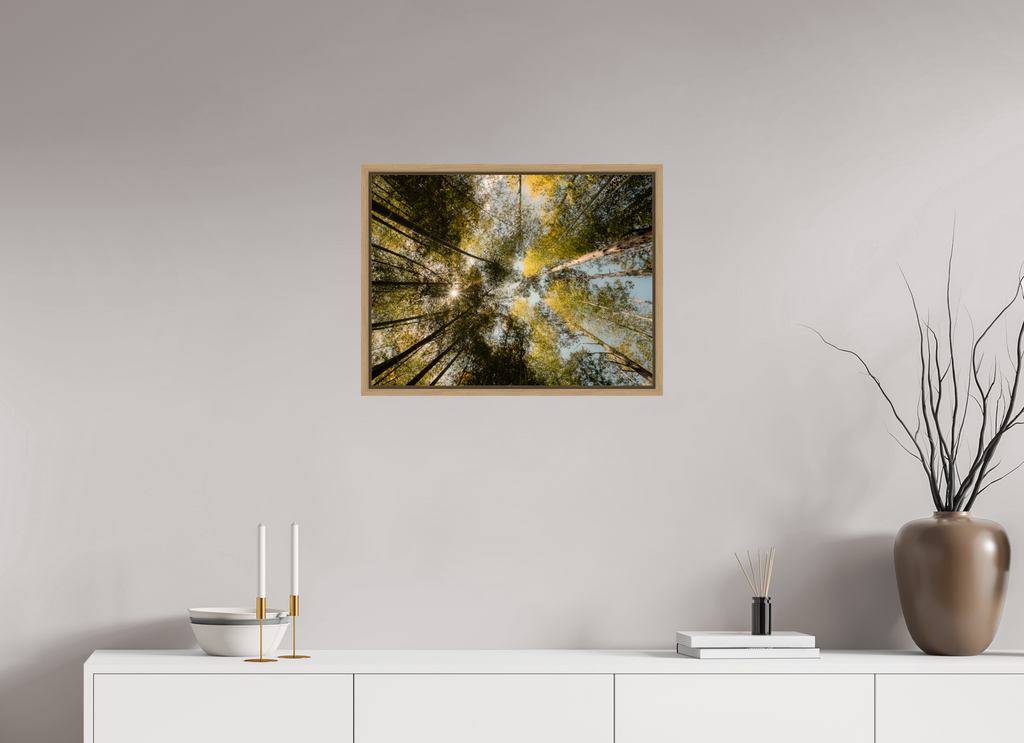 60 x 45 cm, Framed natural oak fullbleed Sun through the trees