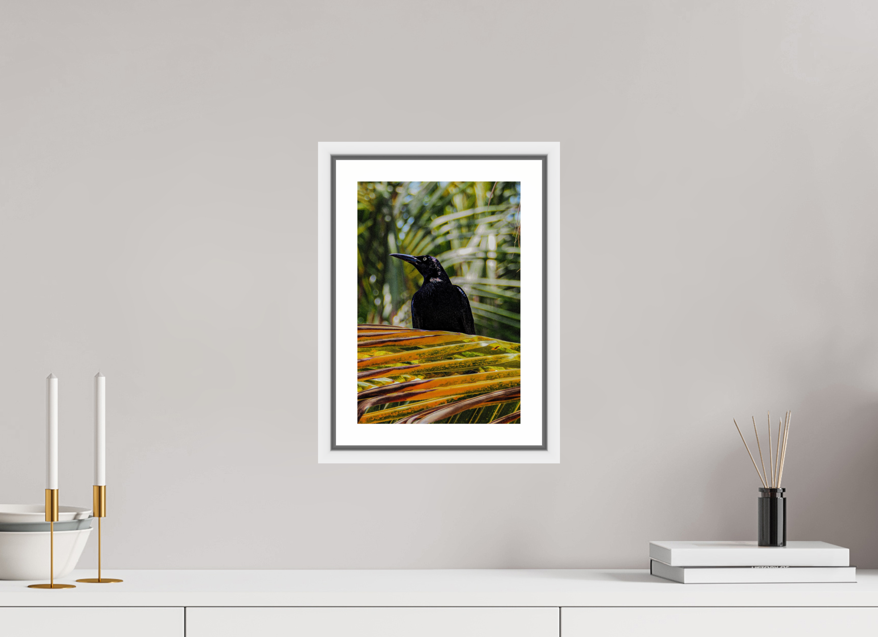 20 x 30 cm, Framed white with border A bird among the trees