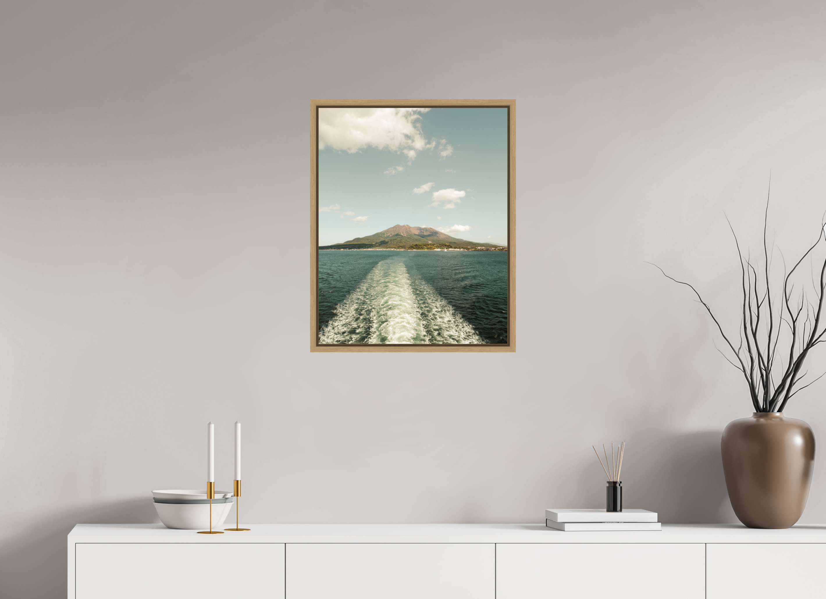 50 x 62,5 cm, Framed natural oak fullbleed A ferry view of Sakurajima Island