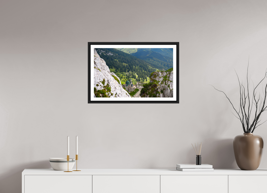 64,3 x 40 cm, Framed black matte with border A church at the Bavarian Alps