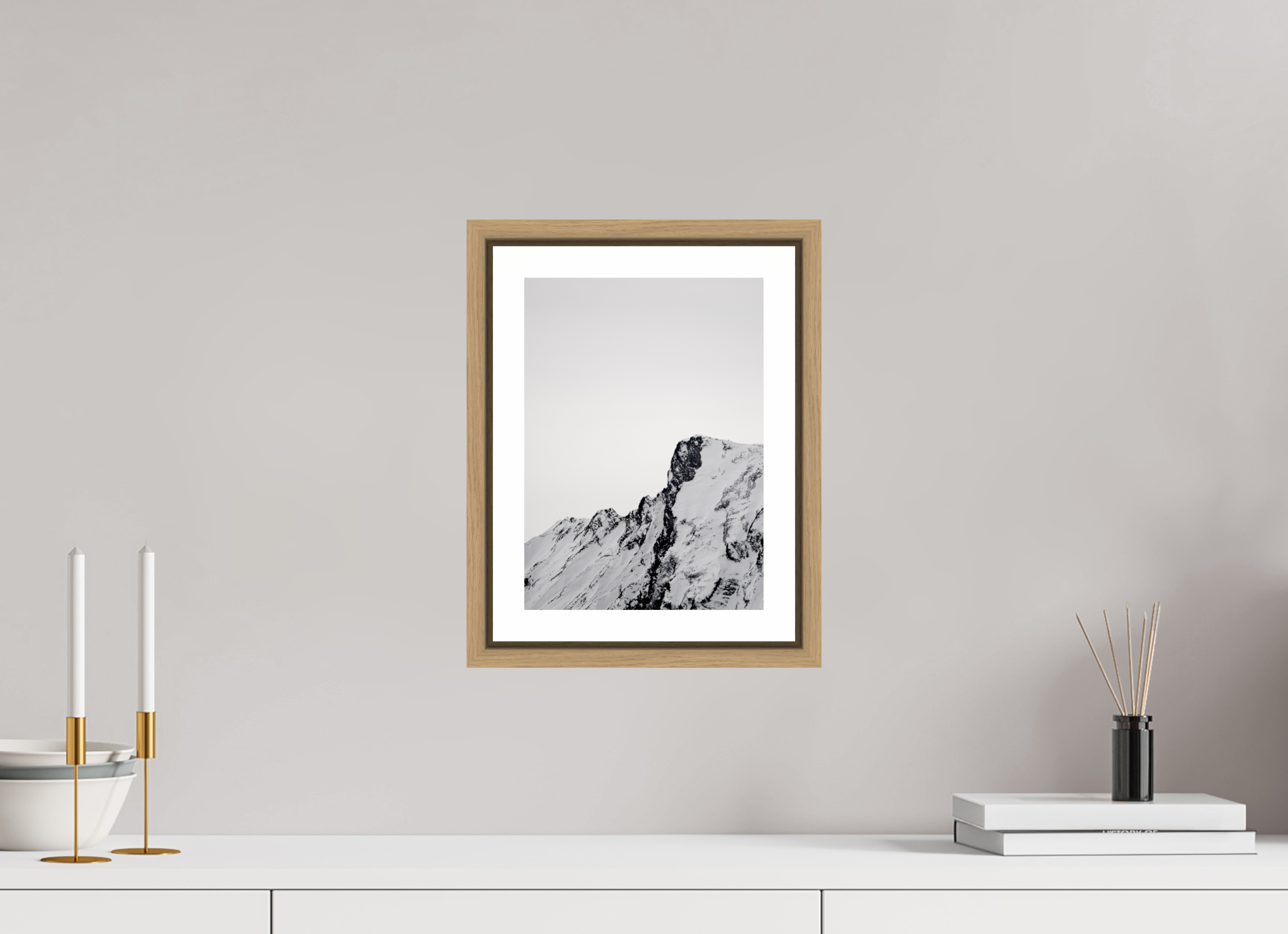 20 x 28 cm, Framed natural oak with border The snowy alps