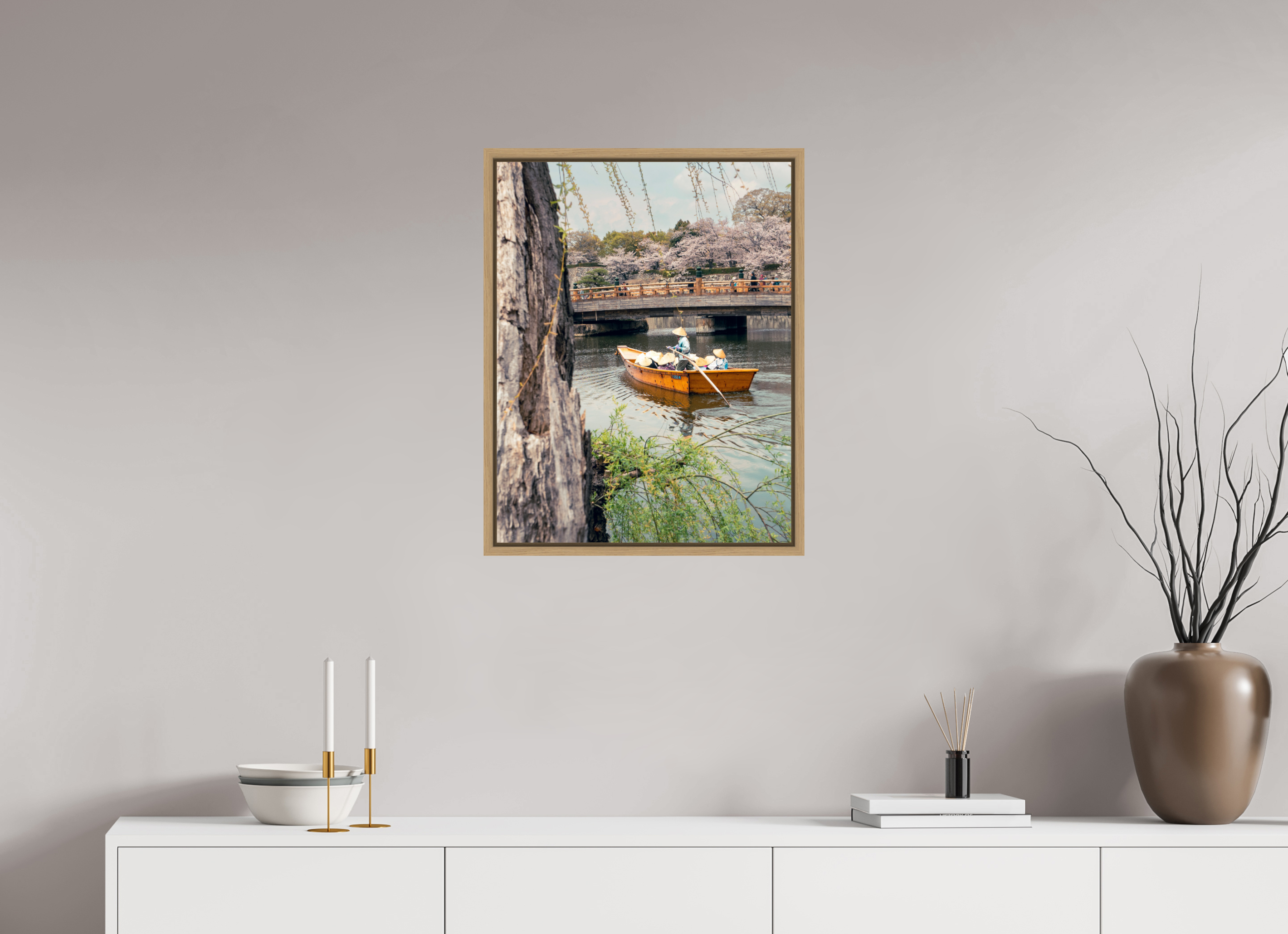 50 x 64,7 cm, Framed natural oak fullbleed A boat in Himeji