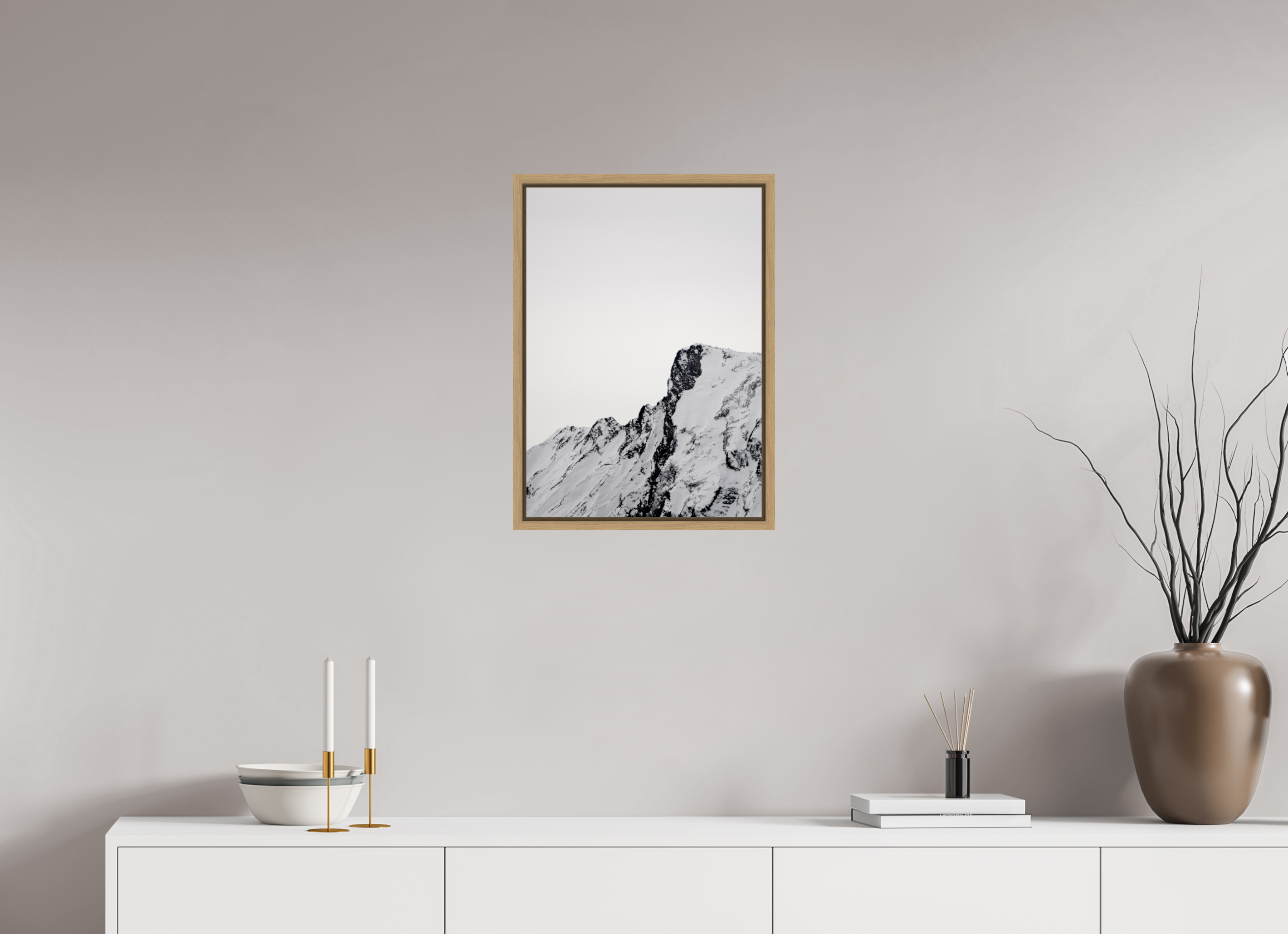 40 x 56 cm, Framed natural oak fullbleed The snowy alps