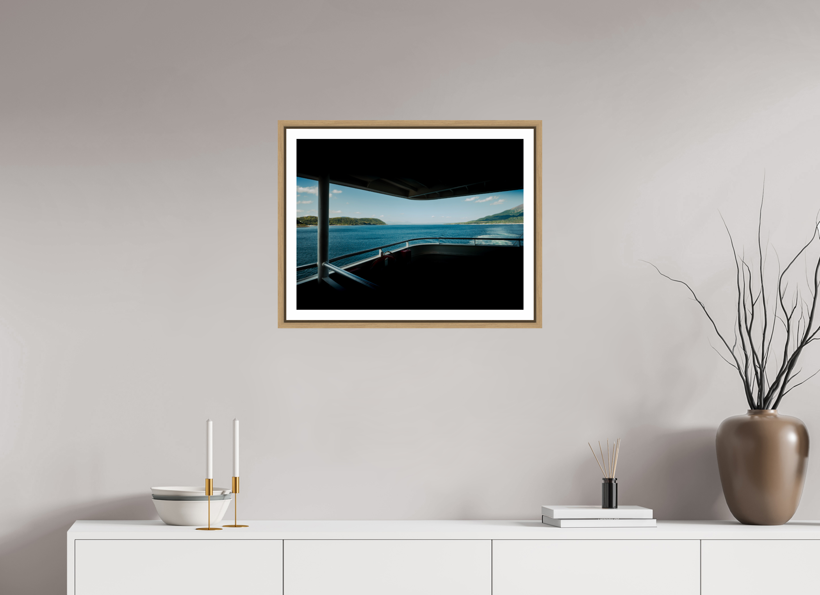 60 x 45 cm, Framed natural oak with border From the ferry