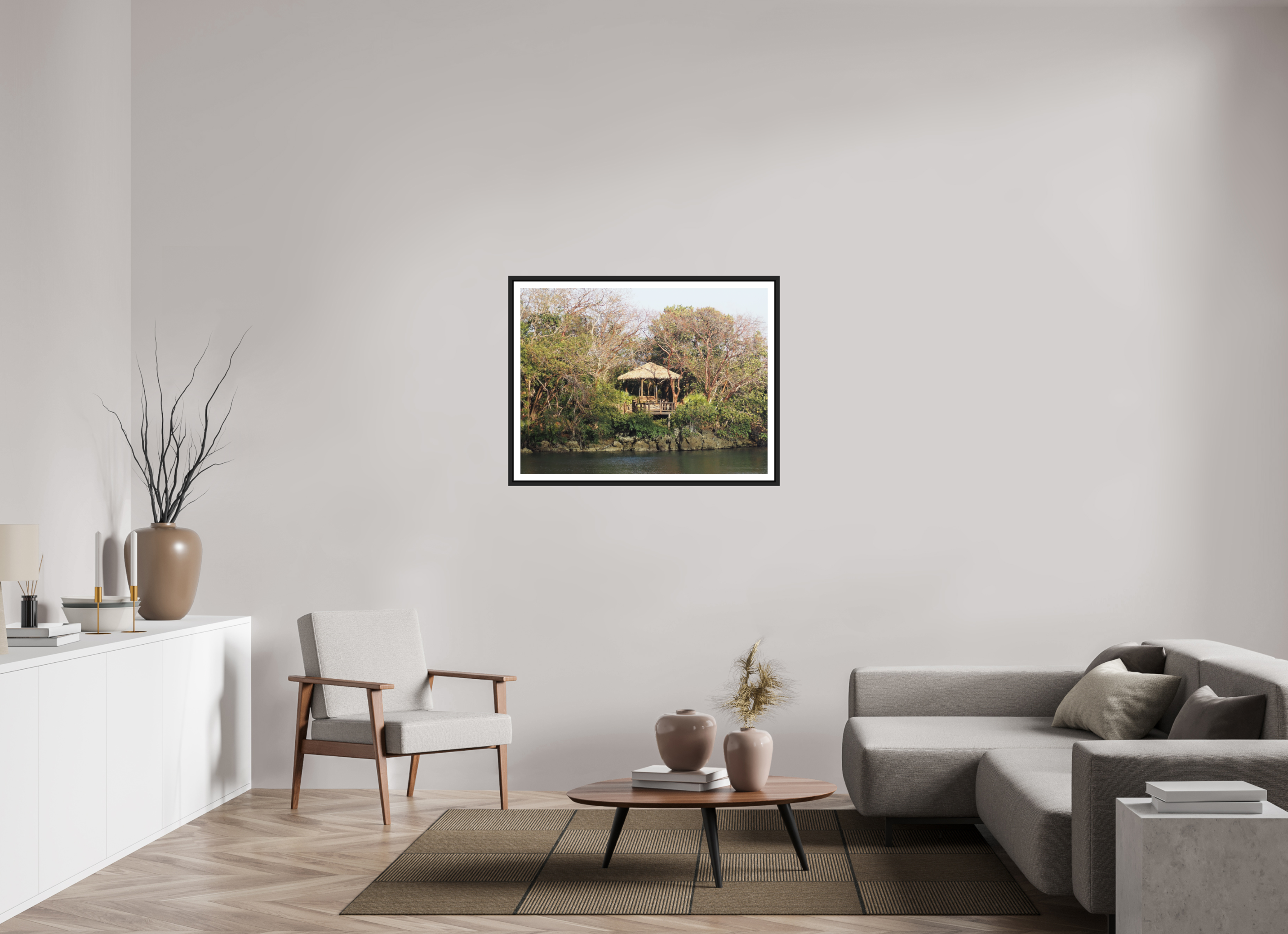 100 x 75 cm, Framed black matte with border A hut at Honduras Bay
