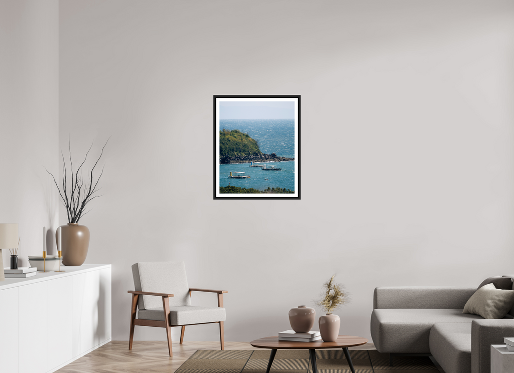 60 x 73,8 cm, Framed black matte with border Boats off of Sakurajima Island