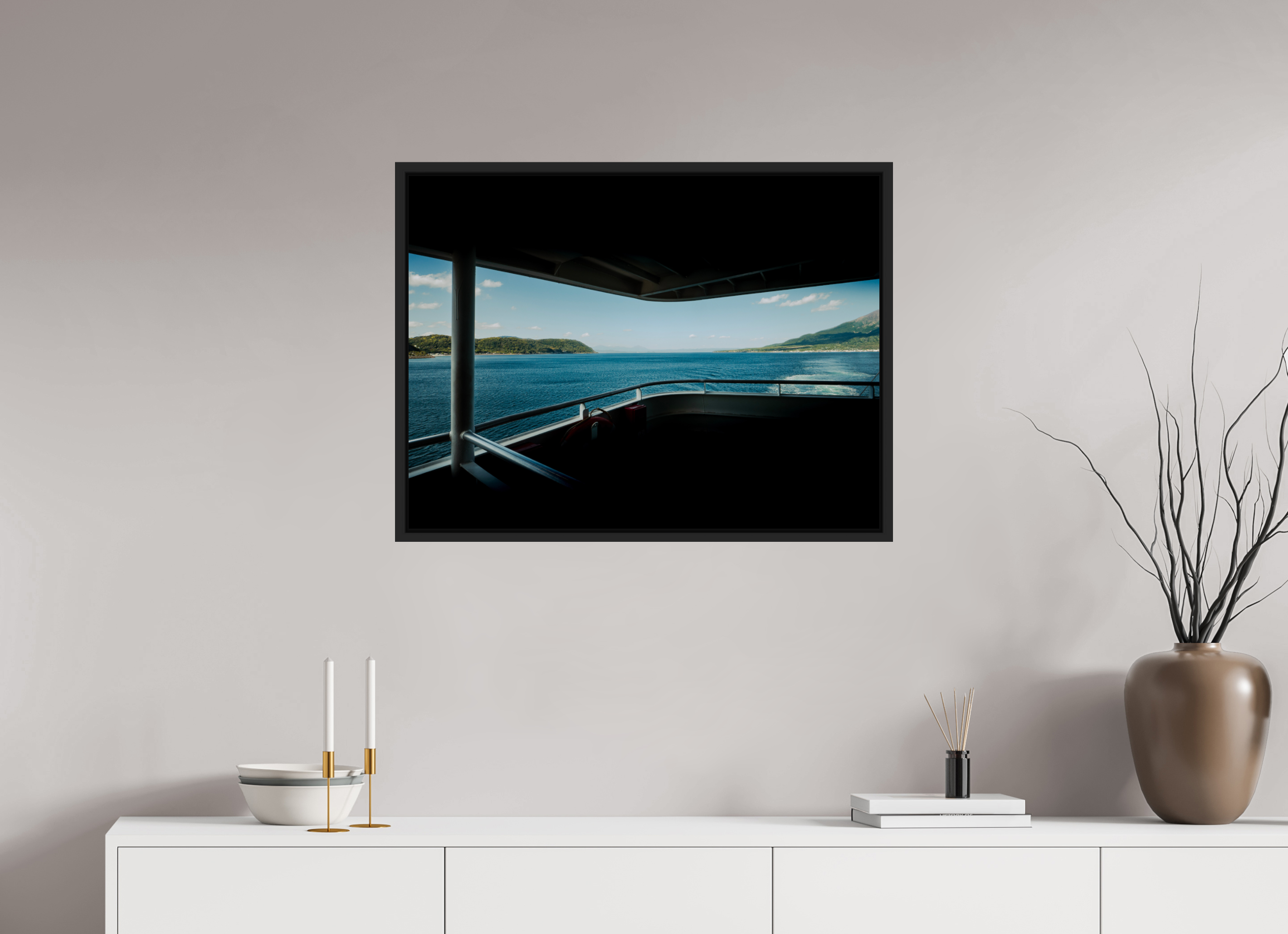 80 x 60 cm, Framed black matte fullbleed From the ferry