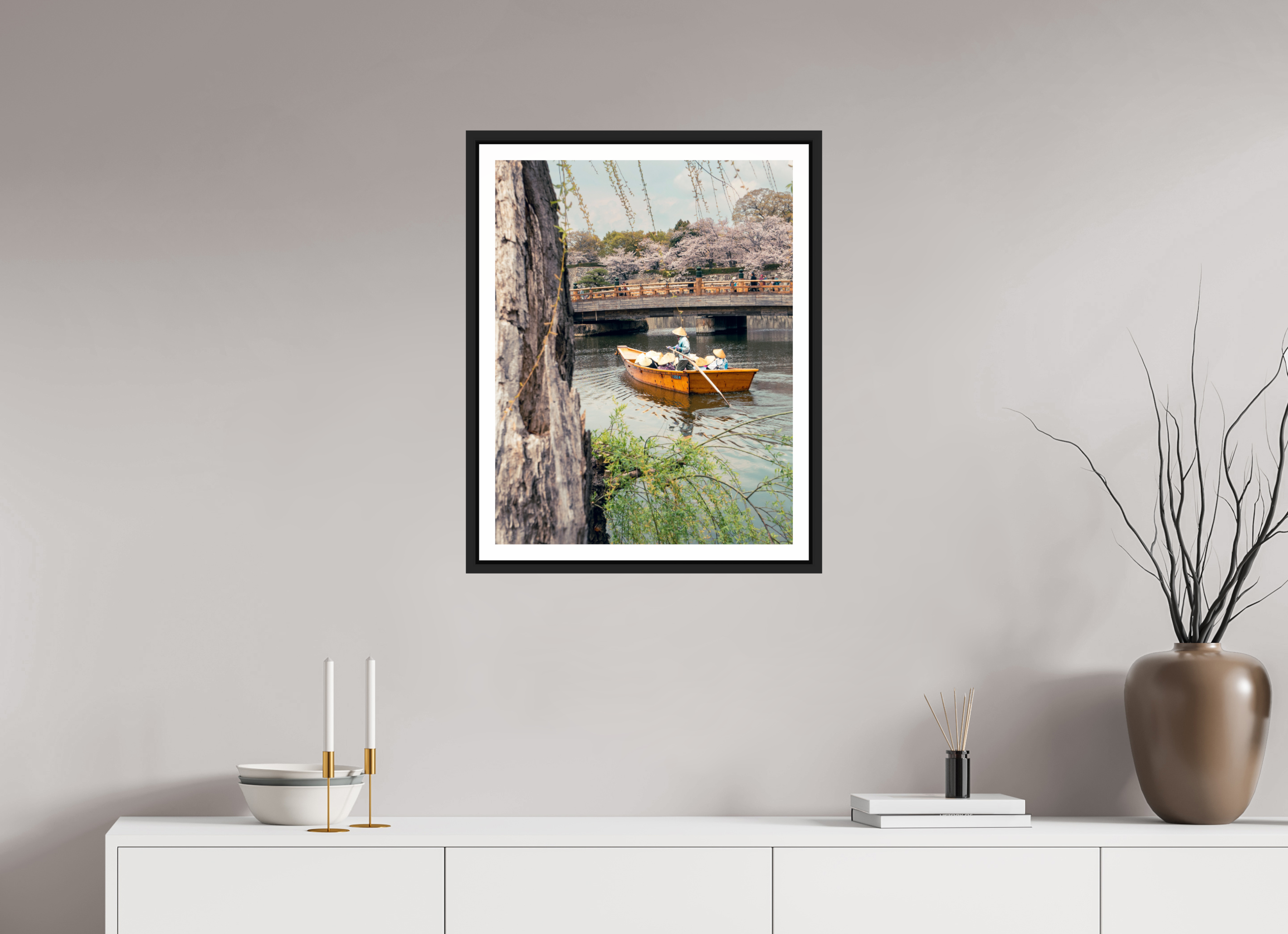 50 x 64,7 cm, Framed black matte with border A boat in Himeji