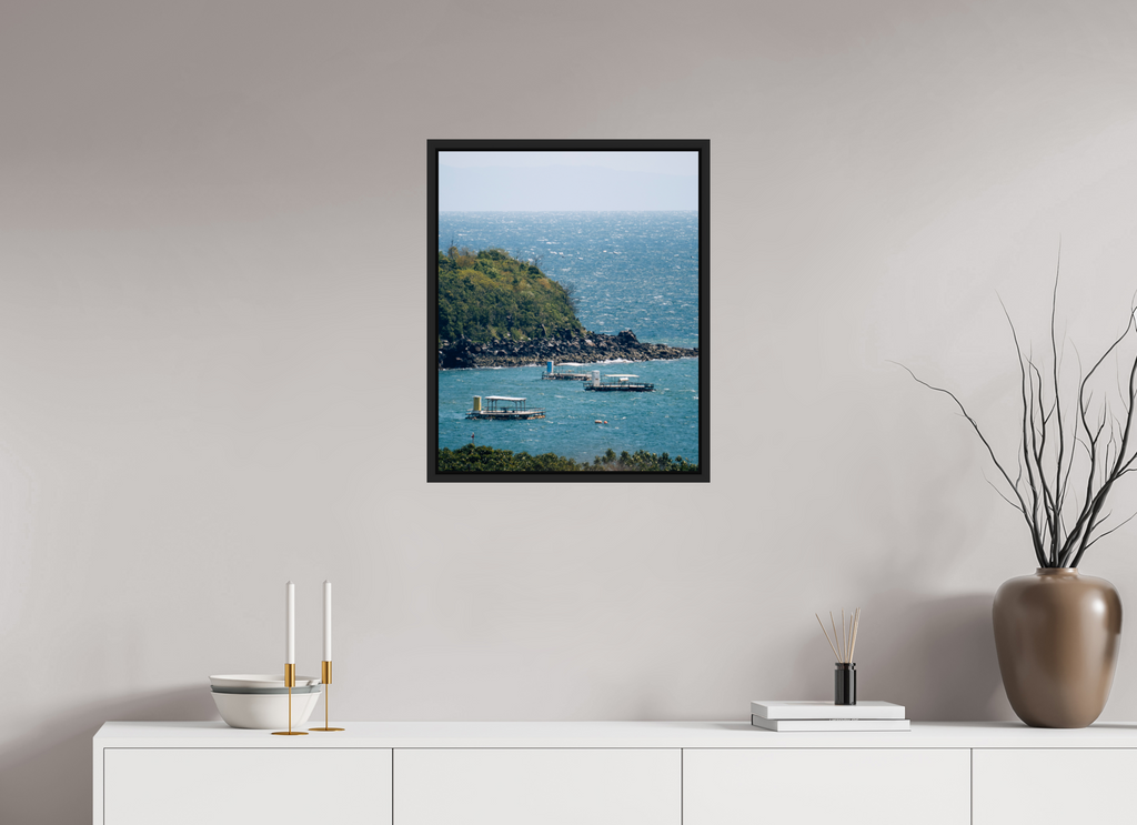 50 x 61,5 cm, Framed black matte fullbleed Boats off of Sakurajima Island