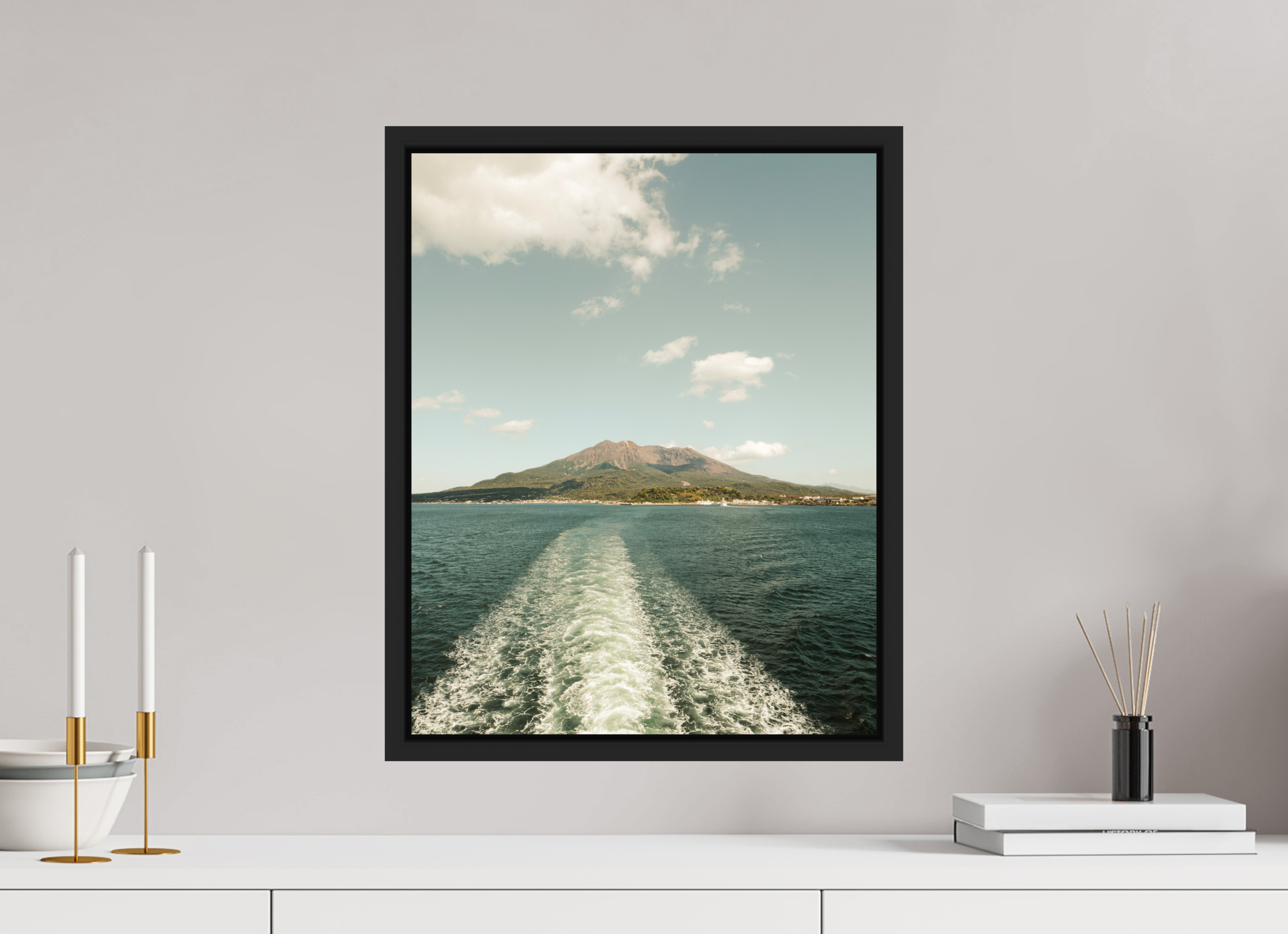 40 x 50 cm, Framed black matte fullbleed A ferry view of Sakurajima Island
