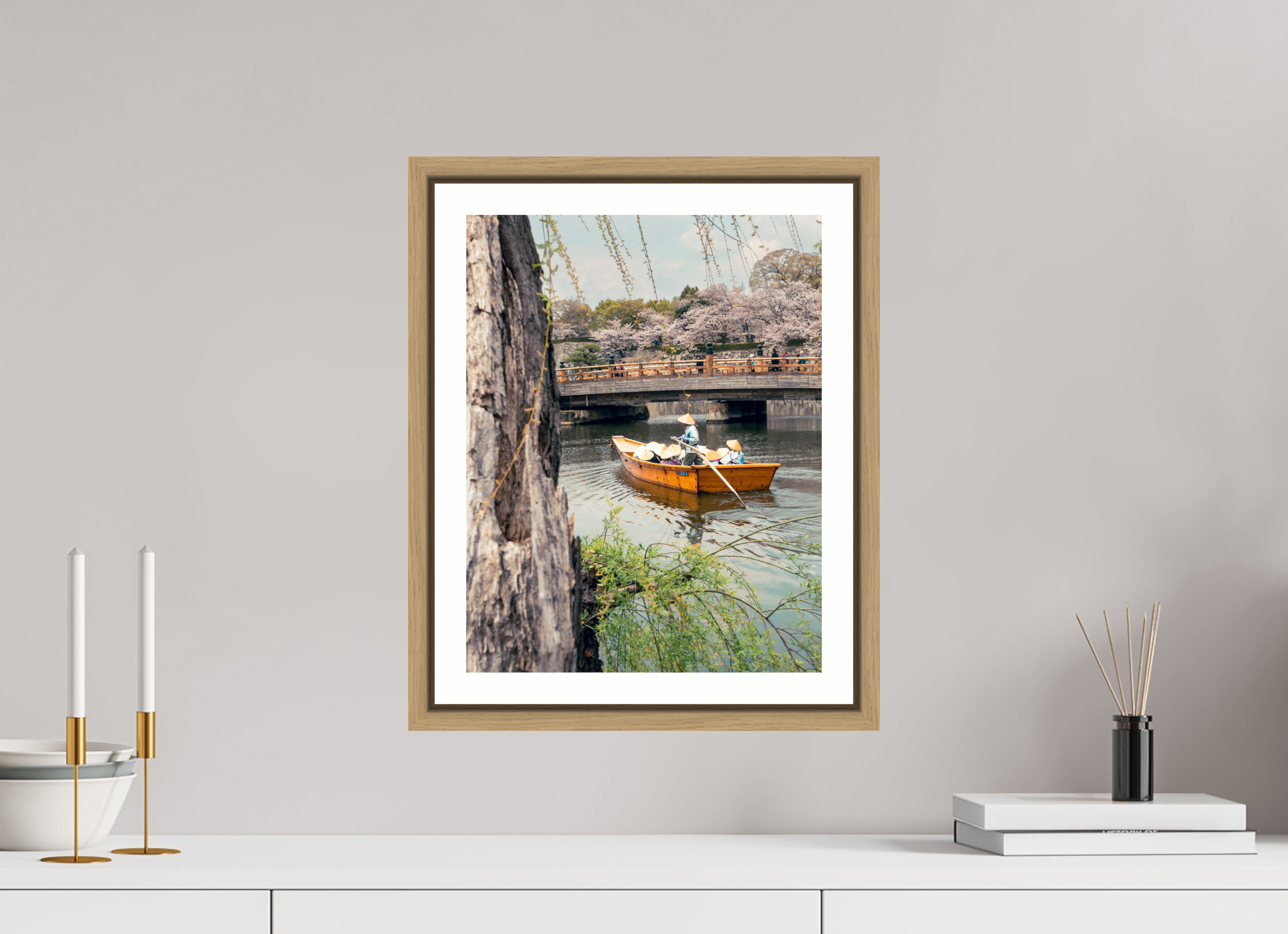 30 x 38,8 cm, Framed natural oak with border A boat in Himeji