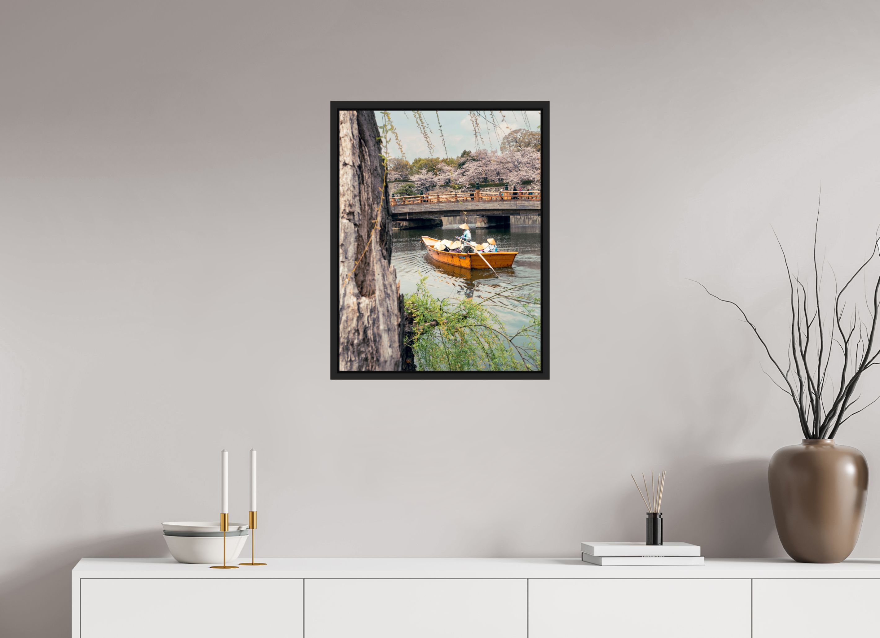 50 x 64,7 cm, Framed black matte fullbleed A boat in Himeji