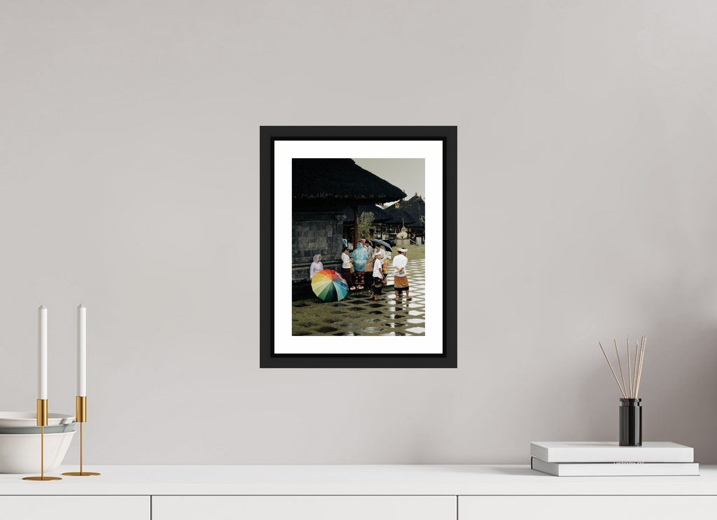 20 x 26,9 cm, Framed black matte with border Waiting out the rain at ceremony