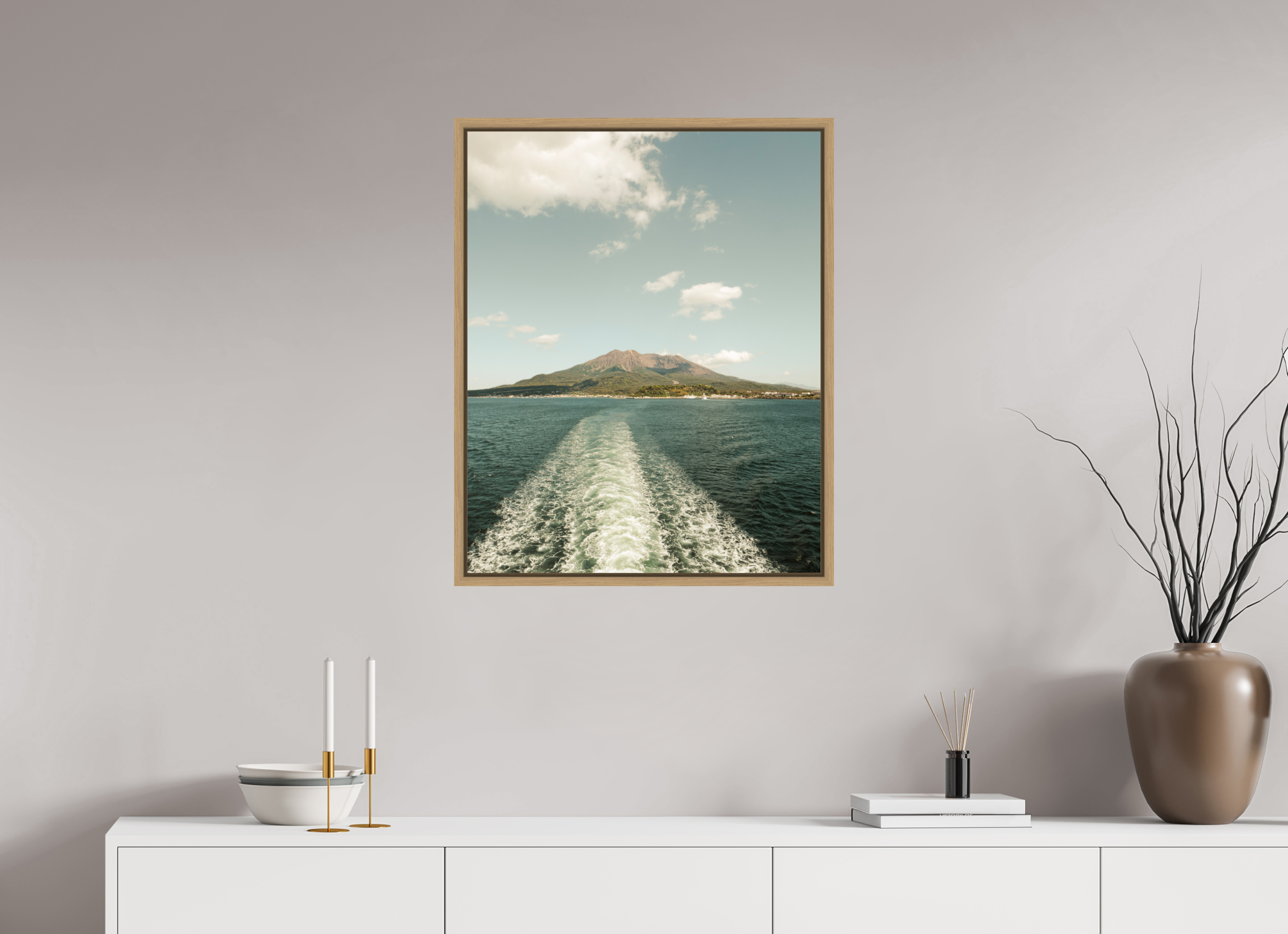 60 x 75 cm, Framed natural oak fullbleed A ferry view of Sakurajima Island