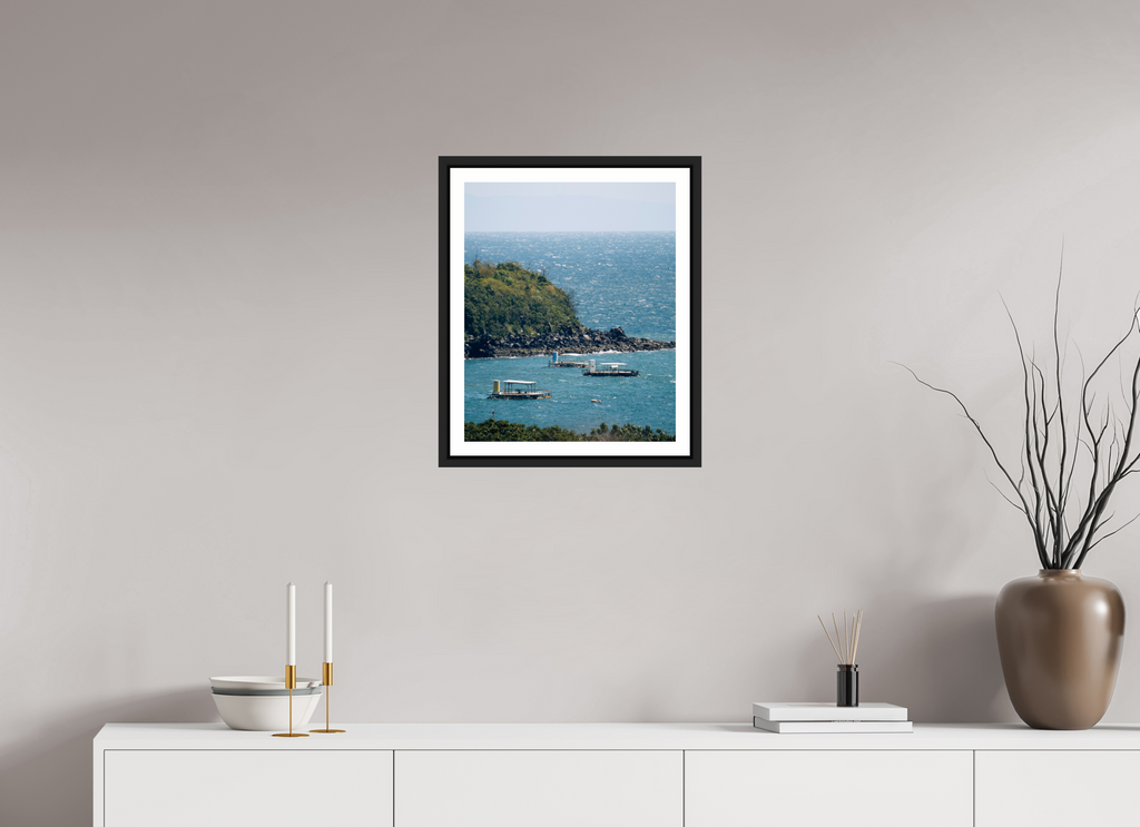 40 x 49,2 cm, Framed black matte with border Boats off of Sakurajima Island