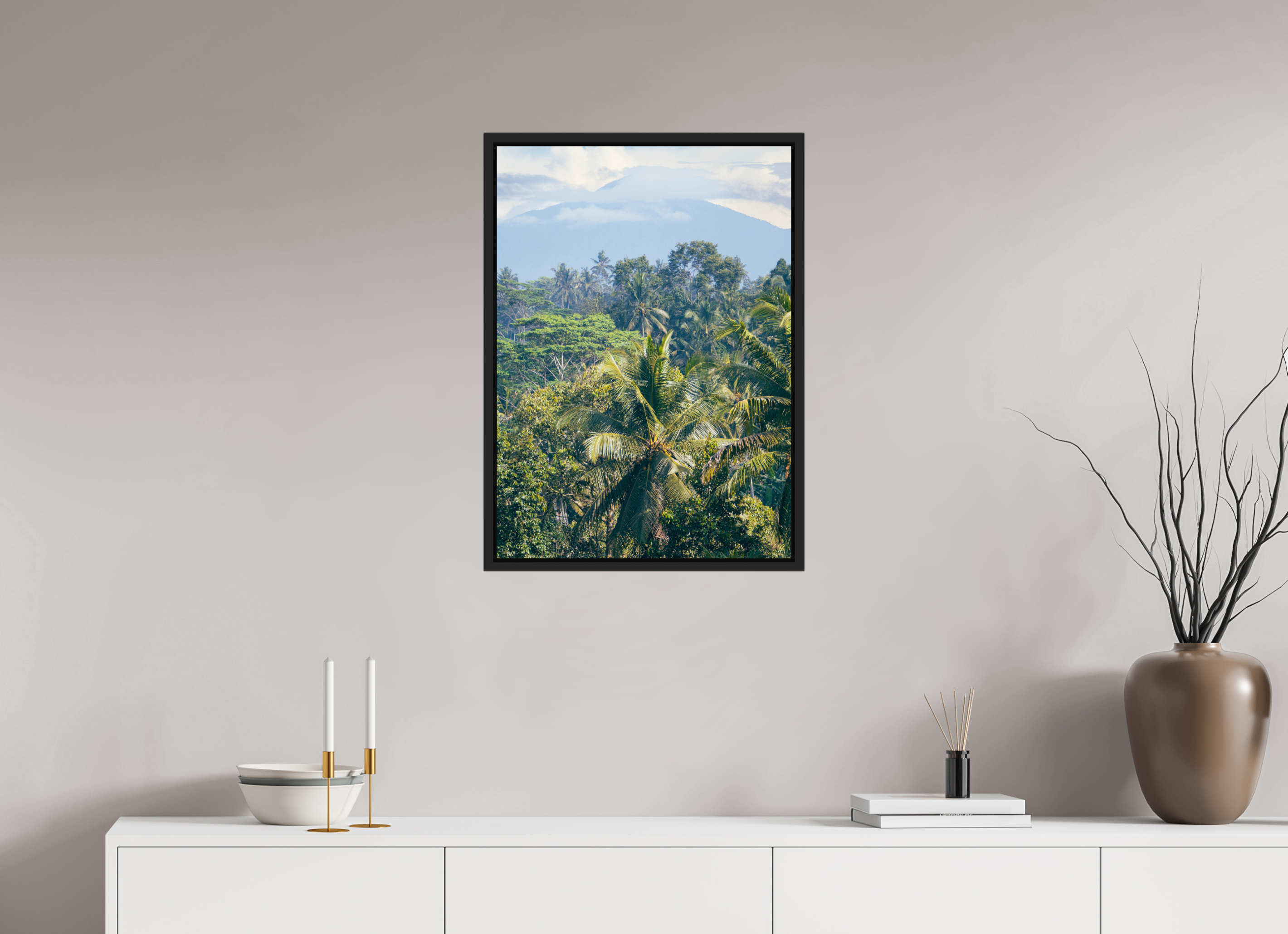 50 x 70 cm, Framed black matte fullbleed Onlooking the mountains