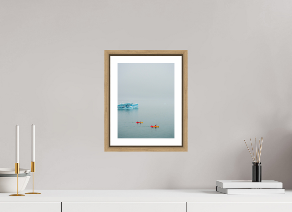 21 x 28 cm, Framed natural oak with border Two canoes