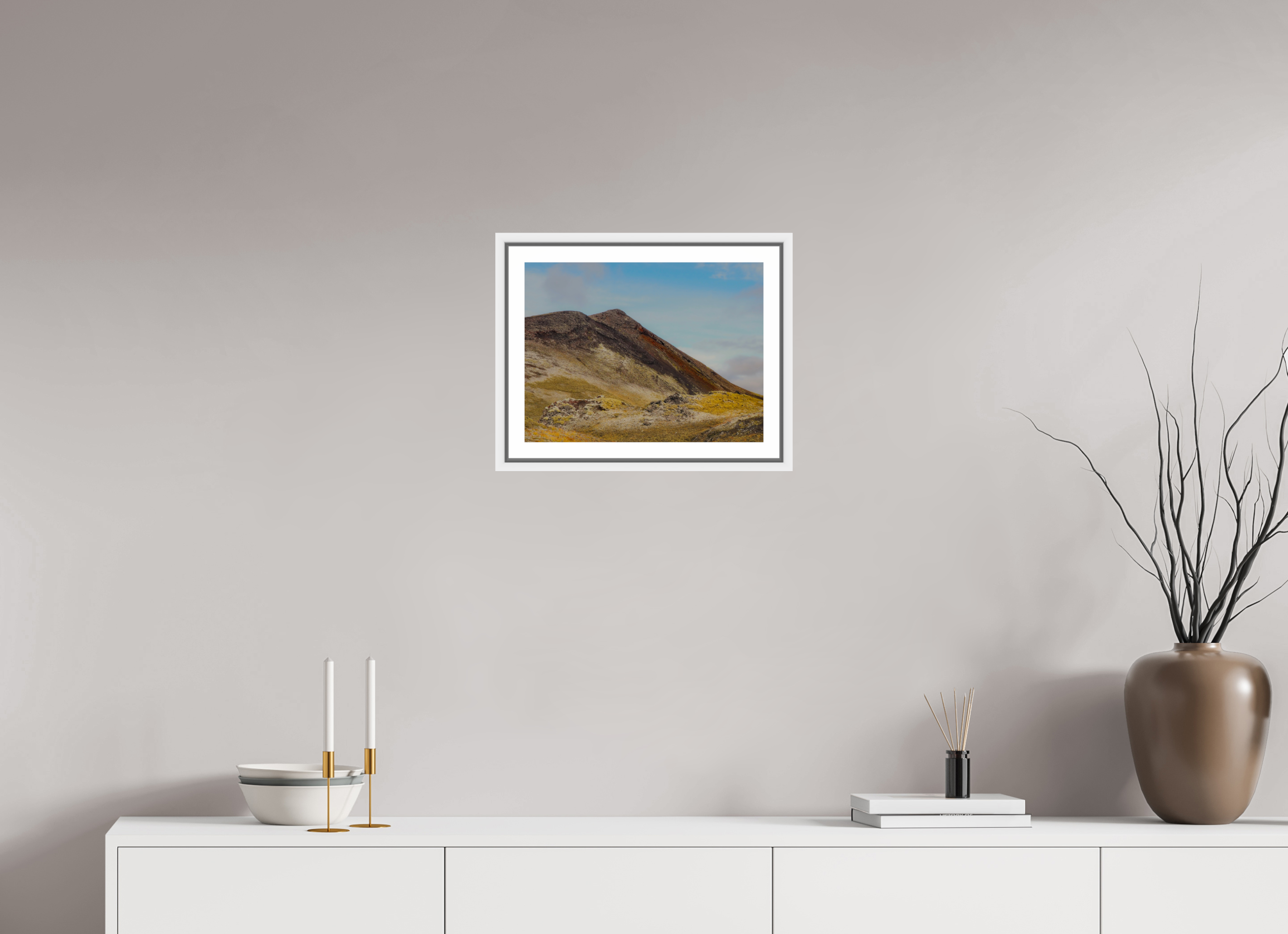40 x 30 cm, Framed white with border Mountainous Iceland