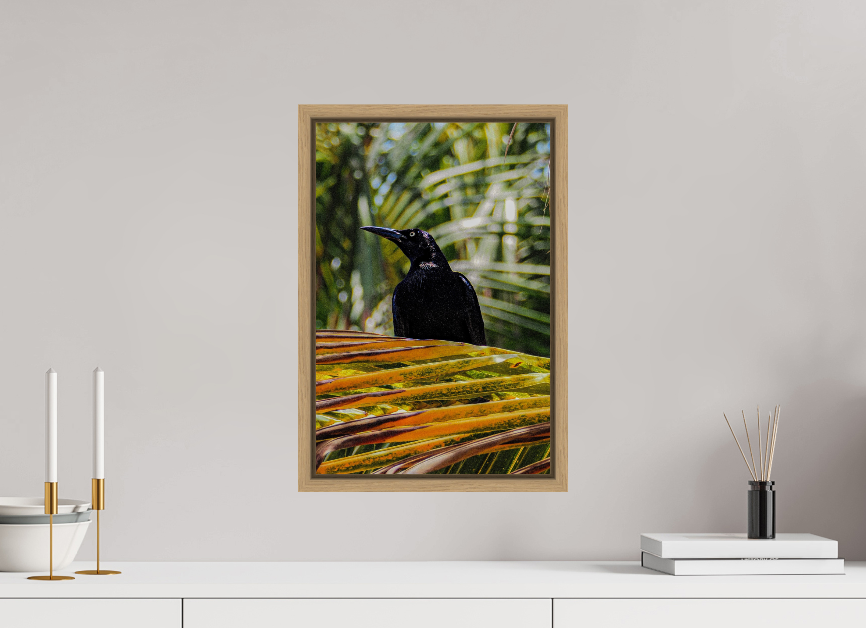 30 x 45 cm, Framed natural oak fullbleed A bird among the trees