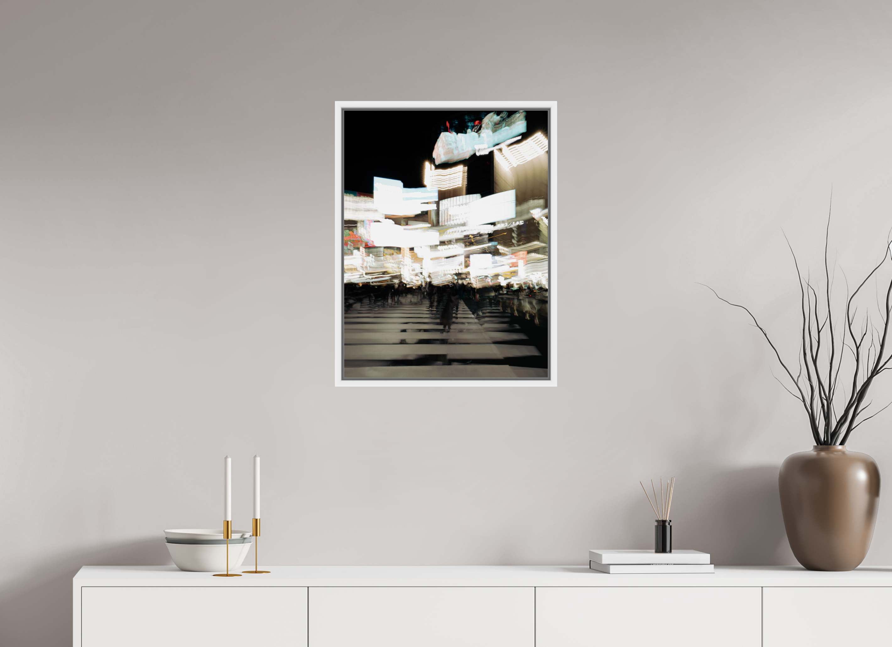 50 x 65,5 cm, Framed white fullbleed - Fuji Crystal Archive glossy Acrylic glass glossy Blurred Shibuya