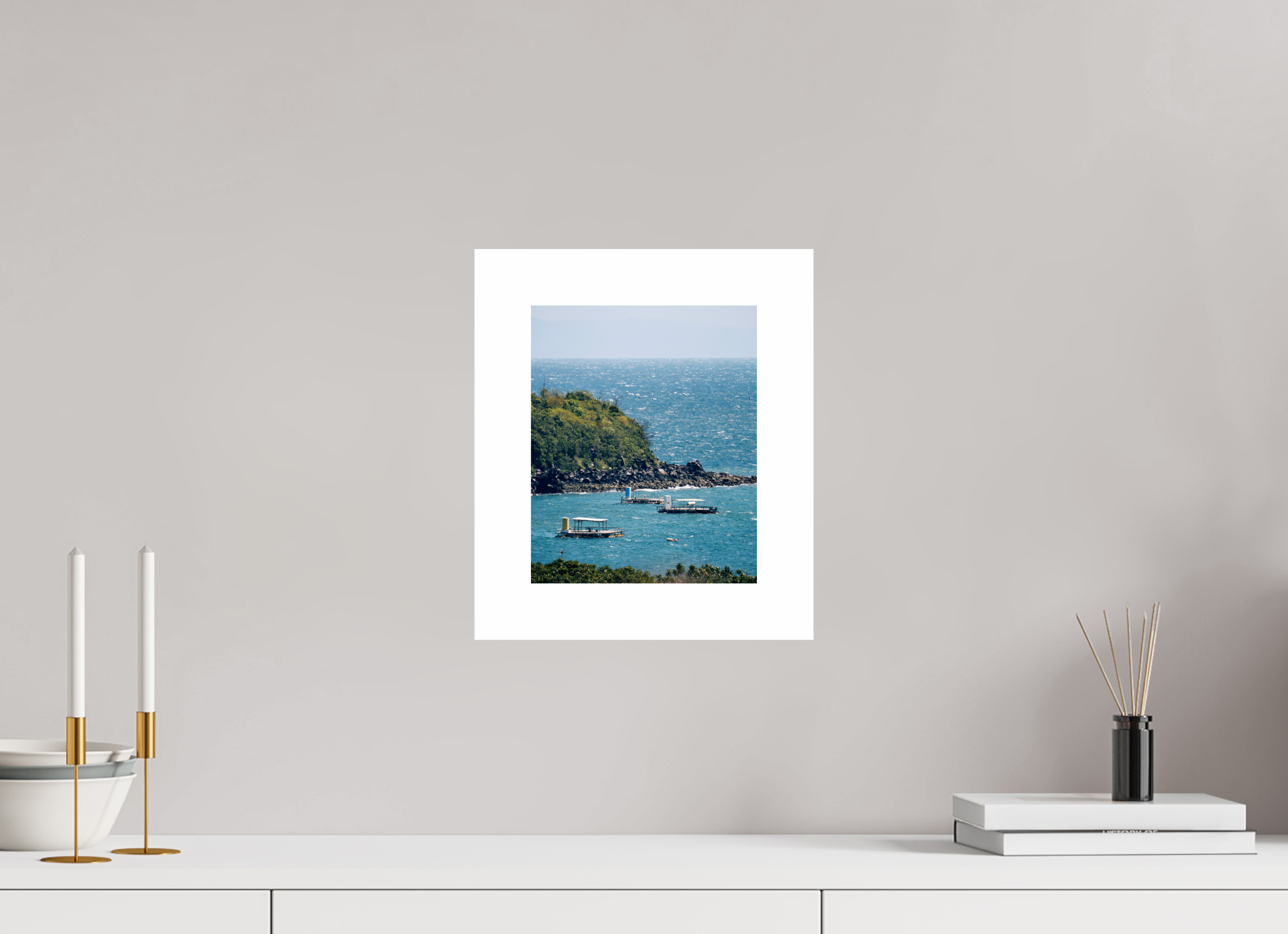 20 x 24,6 cm, Fuji Crystal DP II 5cm white border Boats off of Sakurajima Island