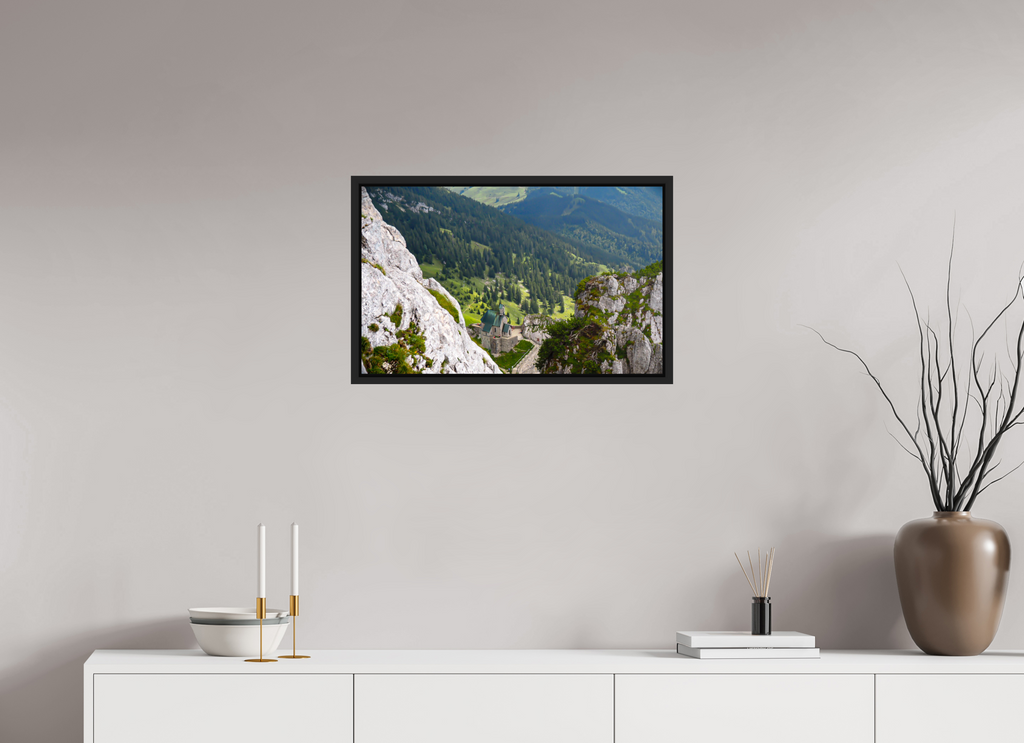 64,3 x 40 cm, Framed black matte fullbleed A church at the Bavarian Alps
